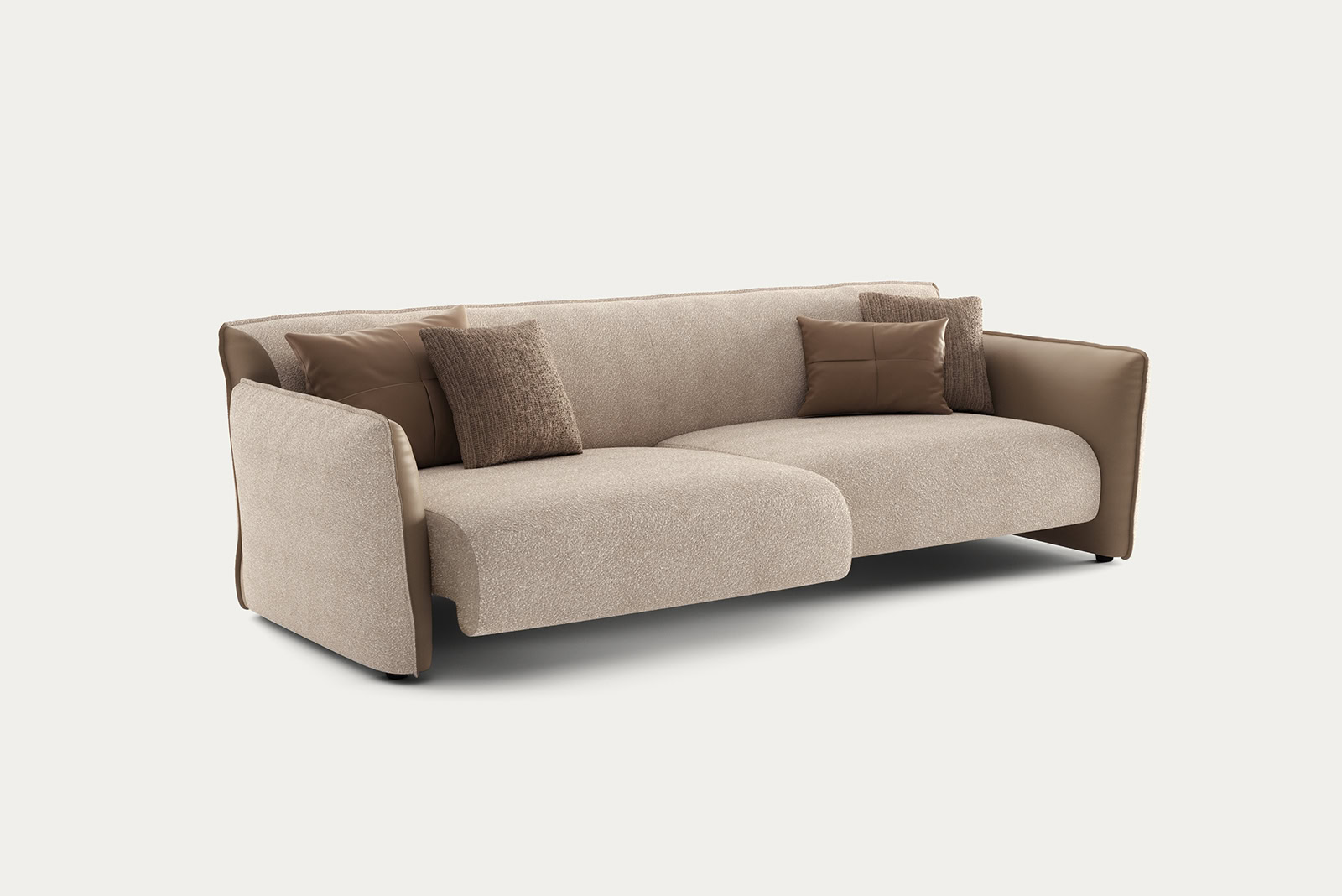 Elegant beige sofa with brown accent pillows, perfect for contemporary living rooms, from Saloni Furniture.