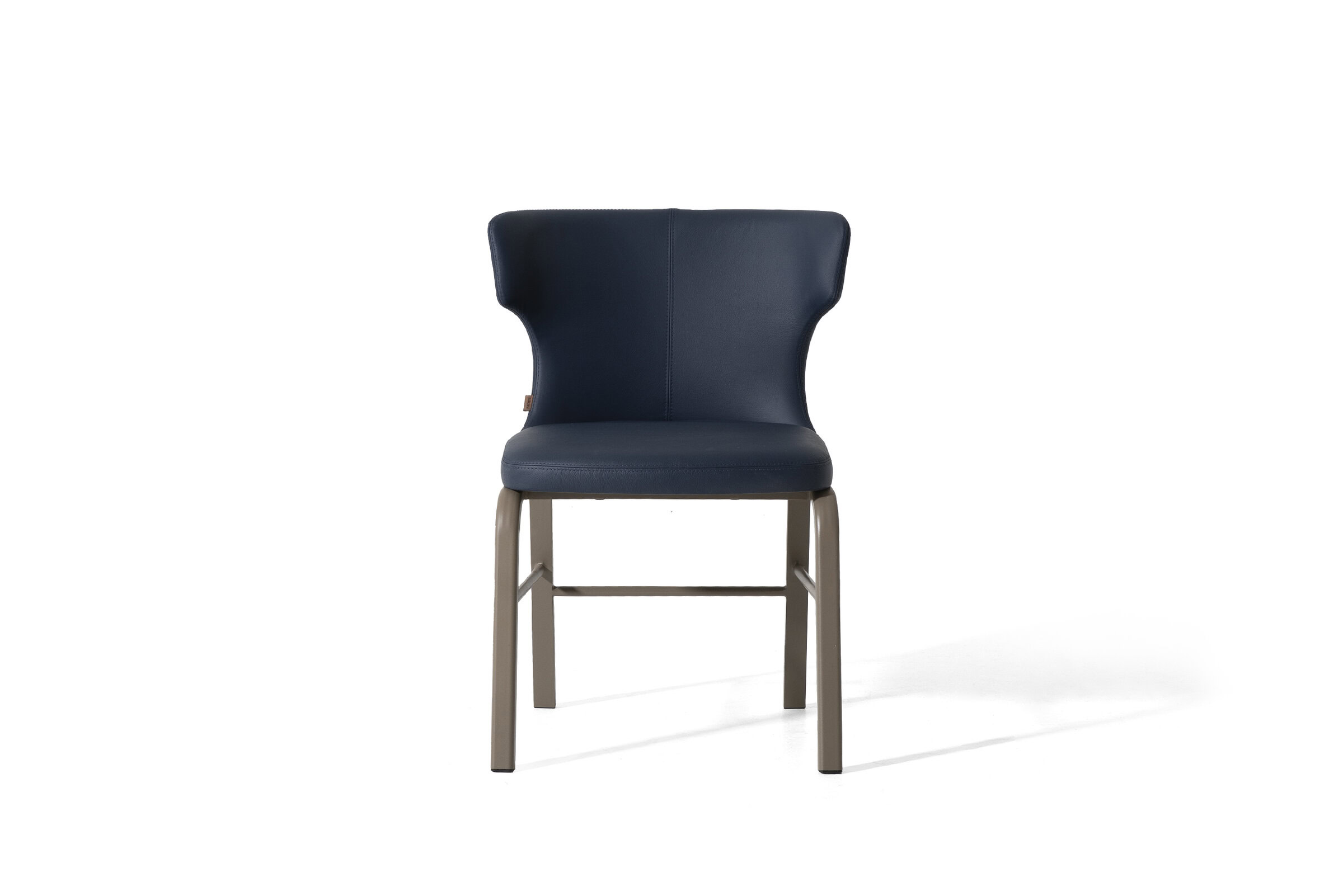 Sleek navy blue upholstered dining chair with a modern beige wooden frame, perfect for contemporary home interiors and stylish dining rooms.