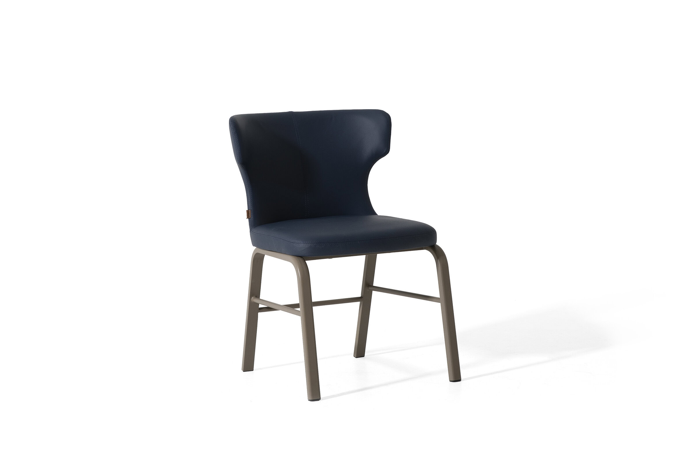 Contemporary navy blue upholstered dining chair with a sleek, modern design, featuring a sturdy grey metal frame, ideal for stylish home or restaurant interiors.