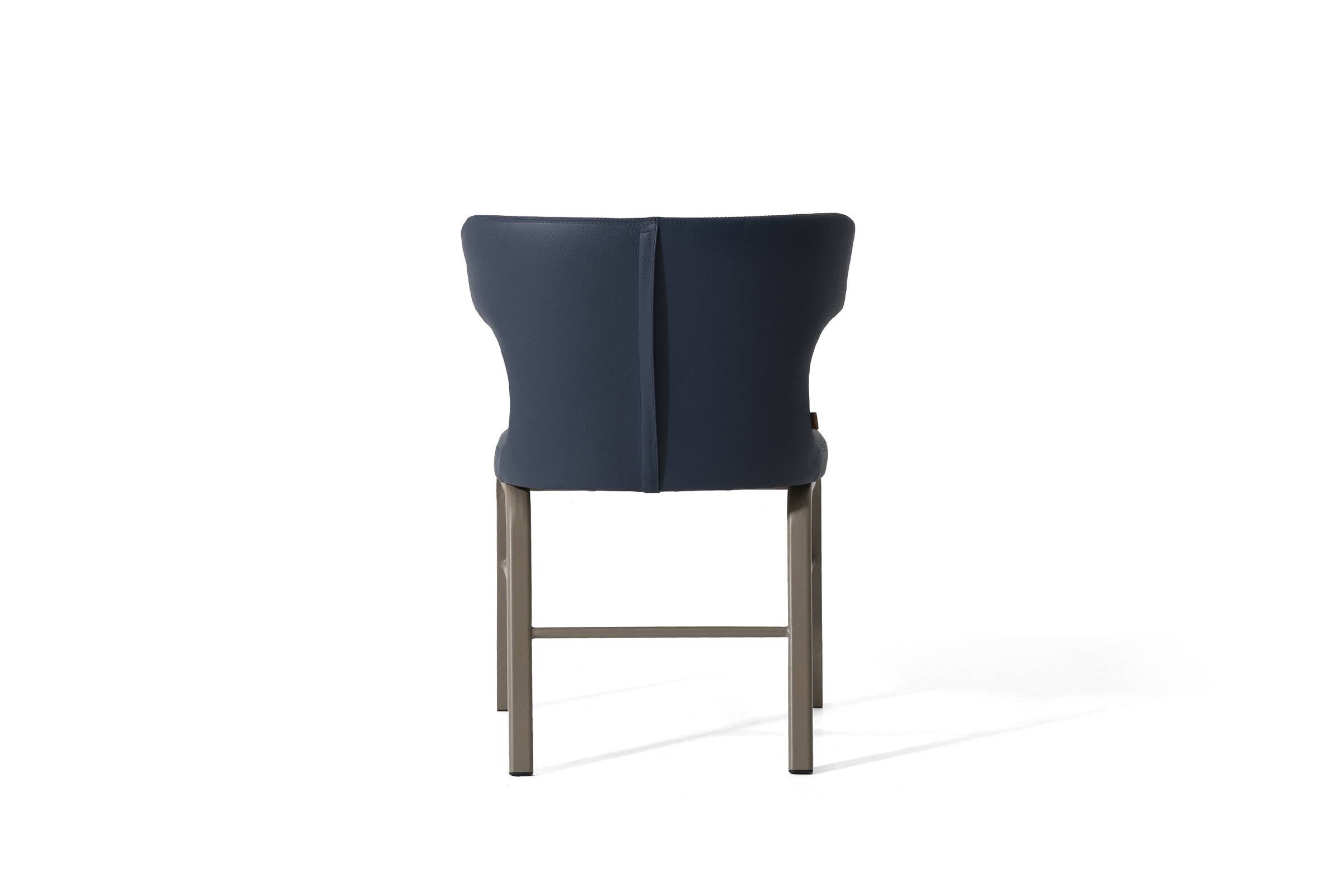 Sleek modern navy blue upholstered dining chair with durable metal legs, perfect for contemporary home or restaurant settings.