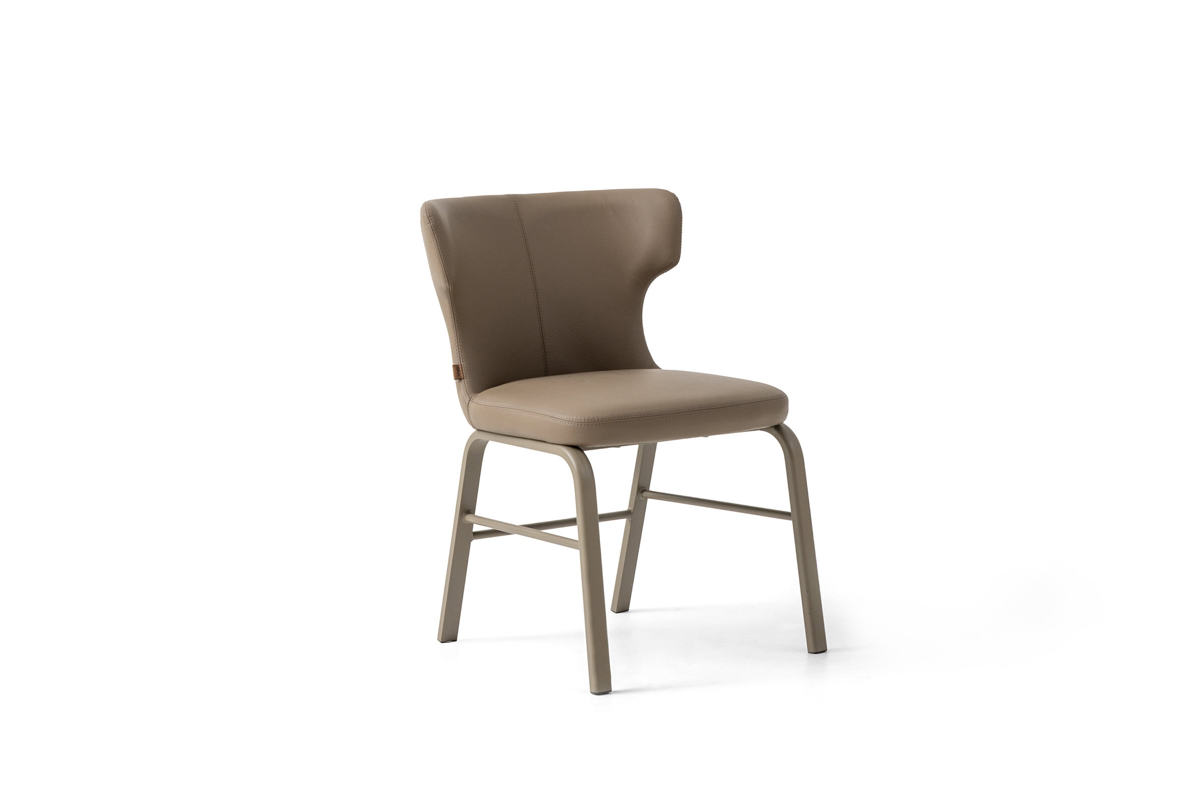 Elegant beige upholstered dining chair with sturdy metal frame, perfect for modern home and restaurant interiors, combining comfort and durability.