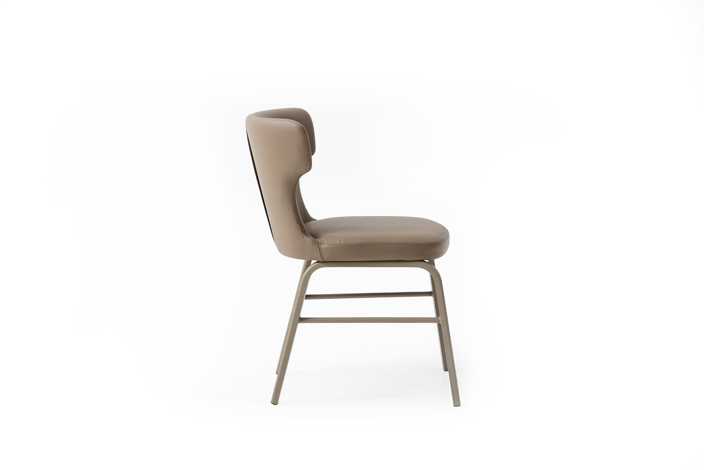 Sleek beige upholstered dining or office chair with a modern design, sturdy metal legs, and ergonomic comfort, ideal for stylish home or restaurant interiors.