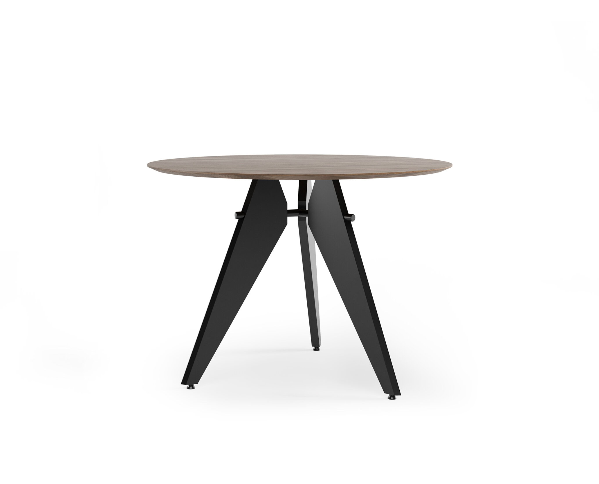 Modern round dining table with a wooden top and black metal tripod base, perfect for contemporary home kitchens or dining rooms.