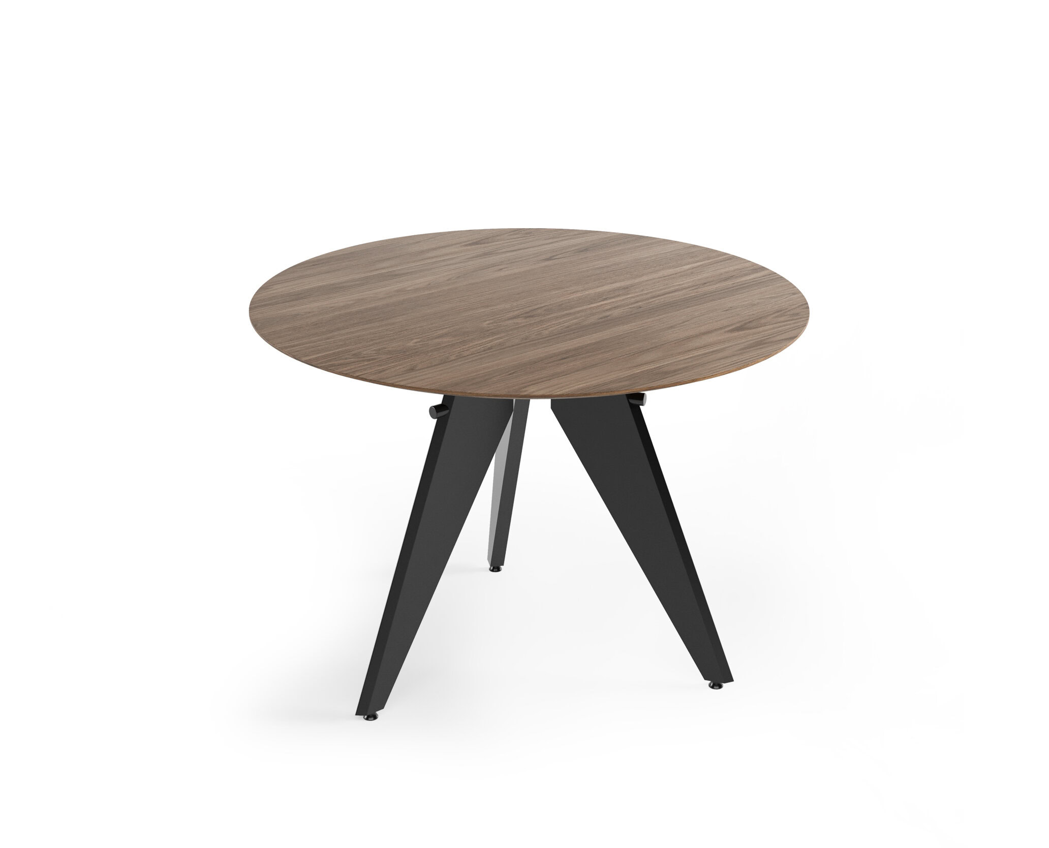 Round wooden dining table with black tripod legs, modern minimalist design, perfect for contemporary home decor, made of high-quality wood and steel, stylish and functional.