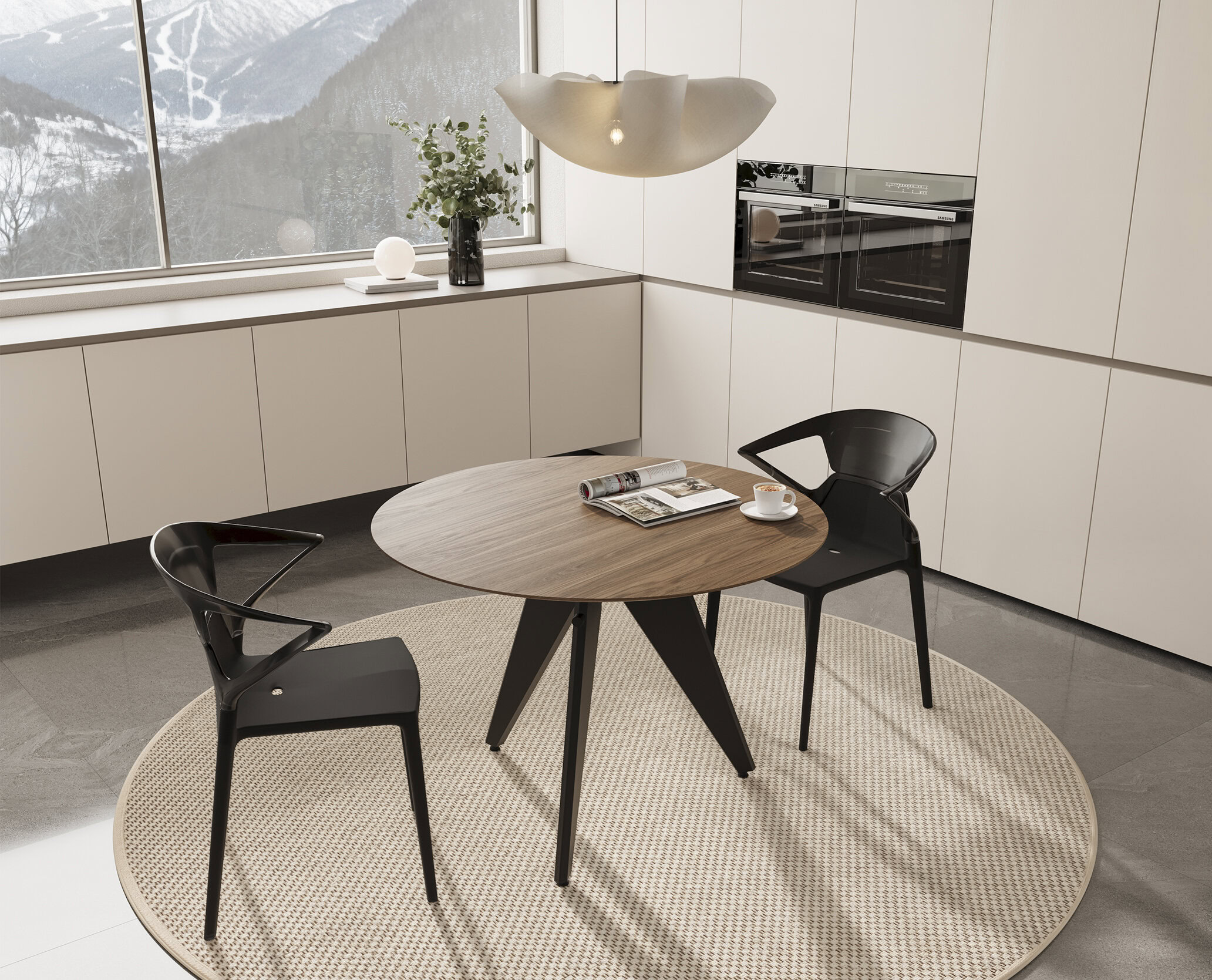Contemporary round wooden dining table with black chairs in a modern kitchen with large window and minimalist design, perfect for stylish home dining spaces.