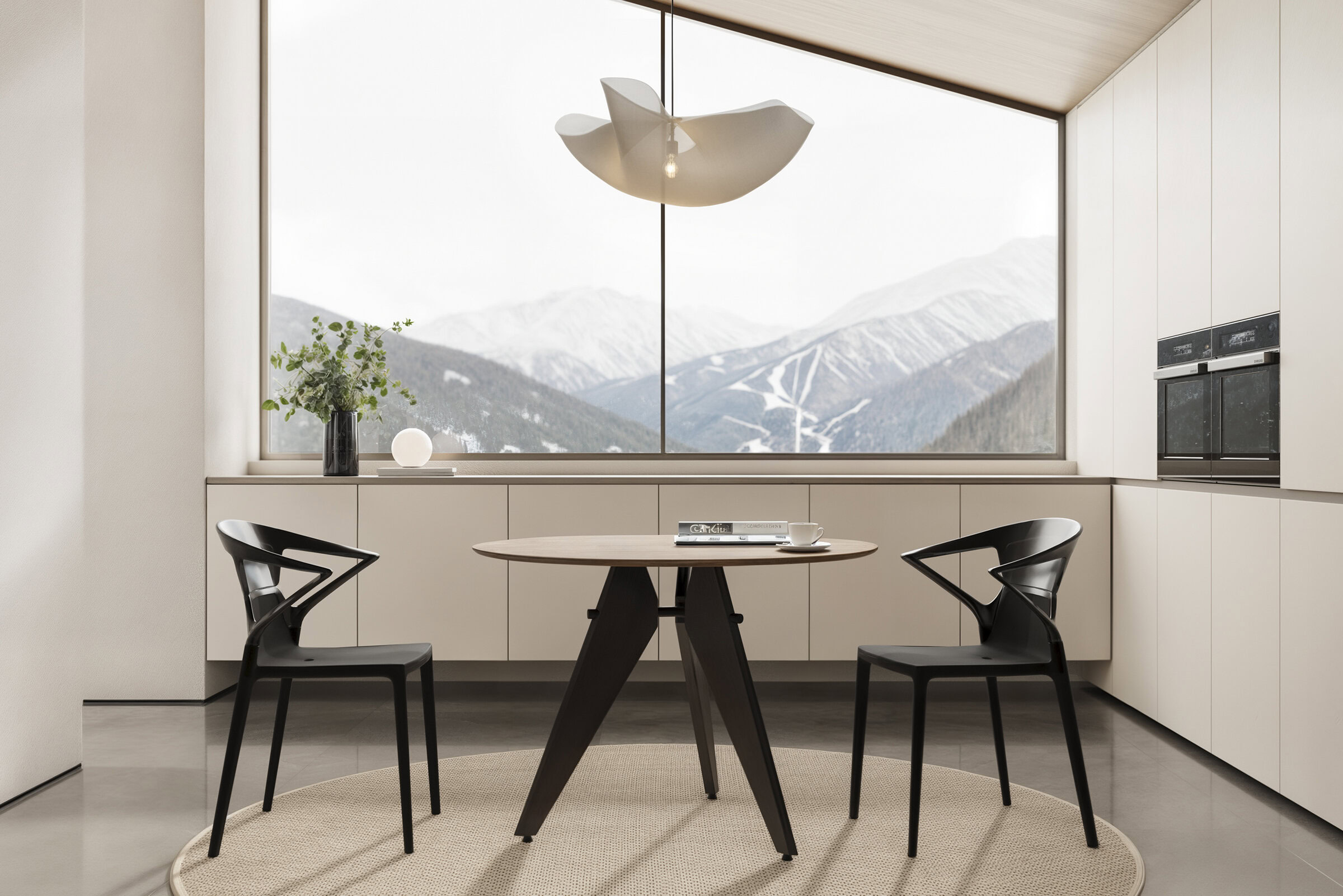 Modern minimalist dining area featuring sleek black chairs, a round wooden table, and a large panoramic window overlooking snow-capped mountains, complemented by elegant lighting and contemporary decor.