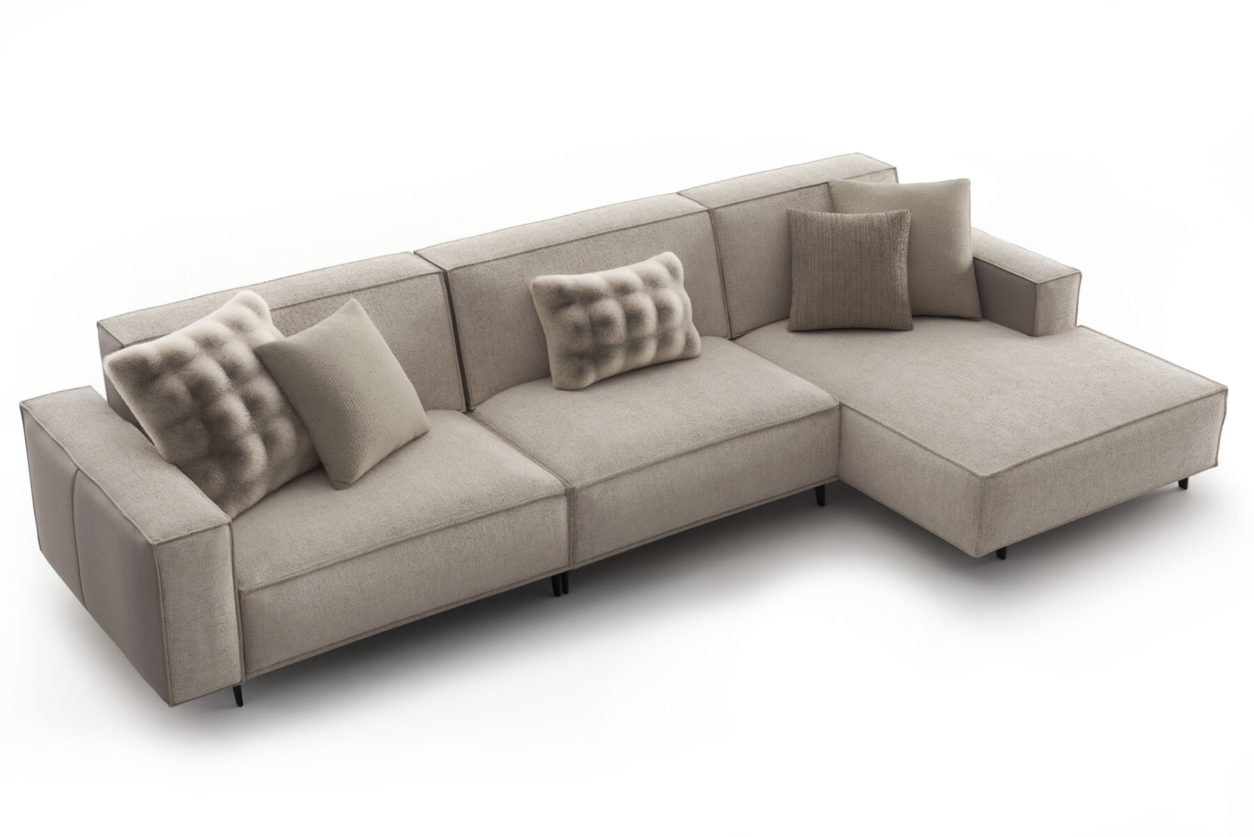 Elegant beige sectional sofa with plush cushions, ideal for contemporary living rooms, offering comfort and style. Perfect for family gatherings and relaxing at home.