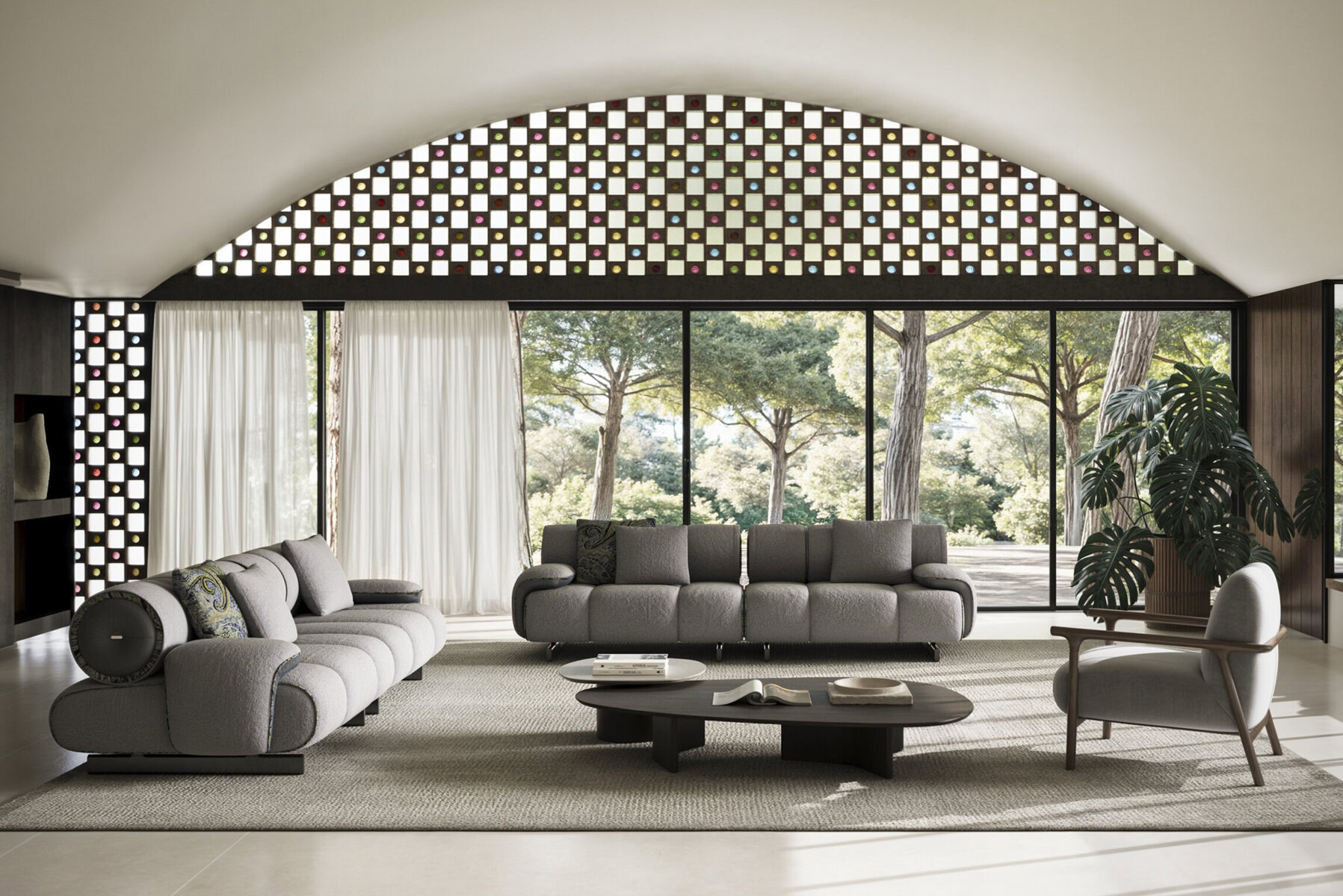 Elegant modern living room featuring stylish sofas, a coffee table, and large windows with scenic outdoor views. Perfect for contemporary home decor and interior design inspiration.