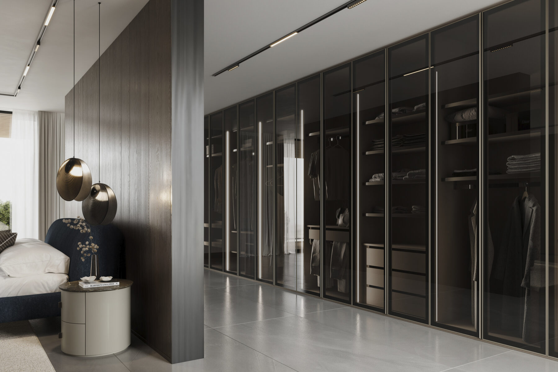 Elegant modern walk-in closet with black glass doors and organized shelving, showcasing premium furniture design by Saloni Furniture.