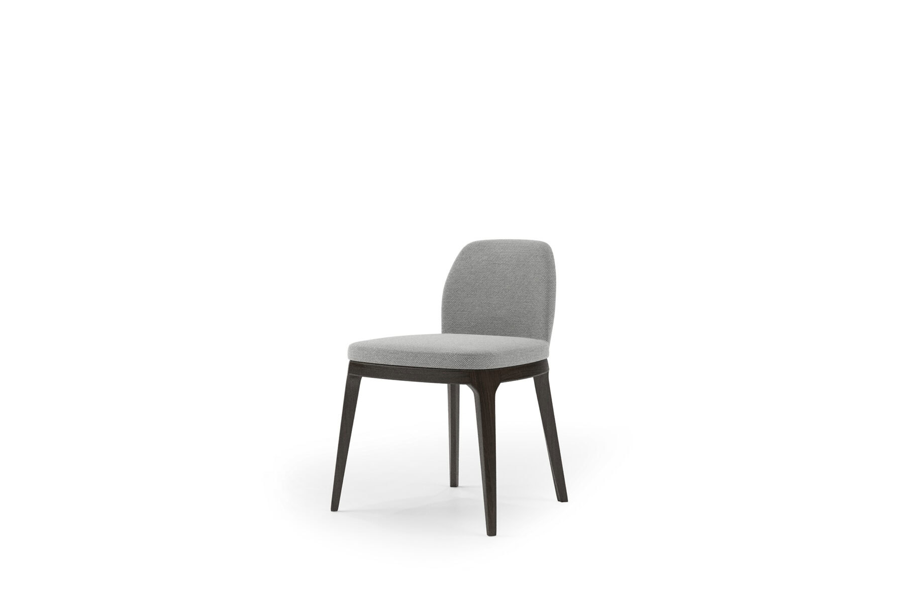 Elegant modern dining chair with light gray upholstery and dark wooden legs, ideal for contemporary home or office interiors.
