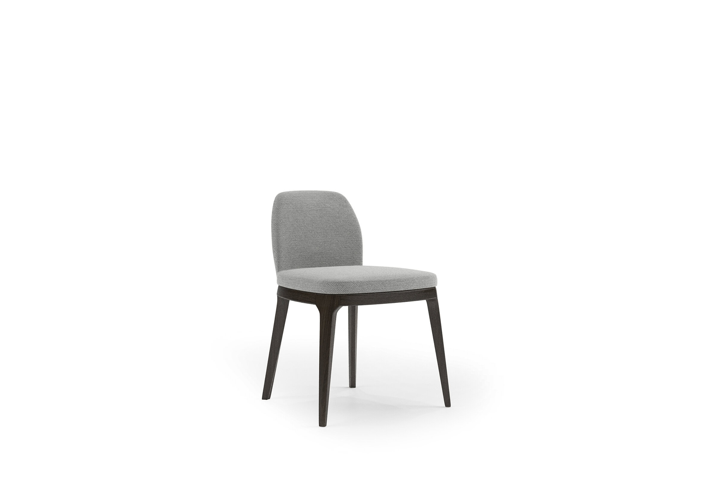 Elegant modern dining chair with light gray upholstery and dark wooden legs, ideal for contemporary home or office interiors.