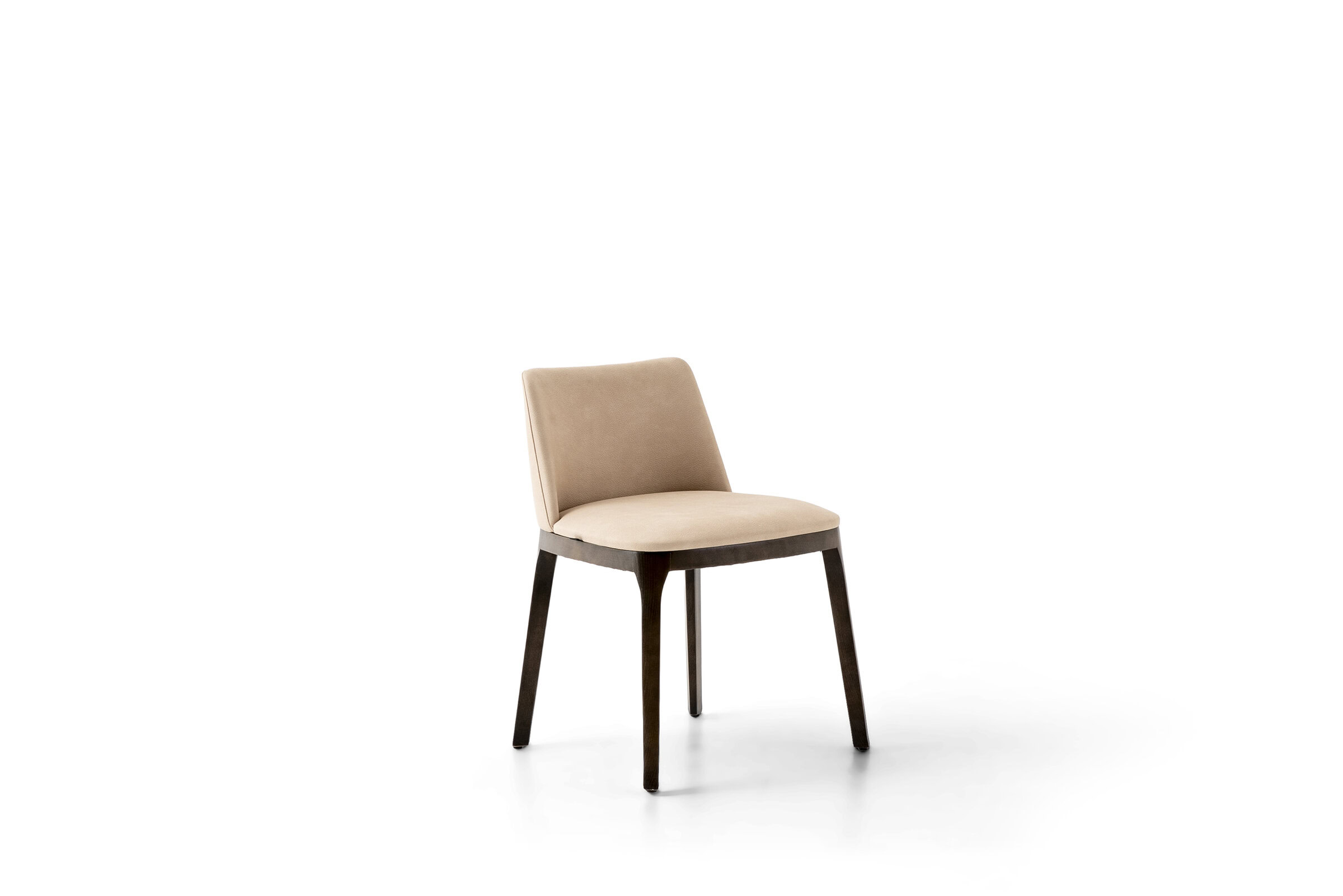 Stylish beige upholstered dining chair with dark wooden legs, perfect for modern and contemporary dining rooms or living spaces.
