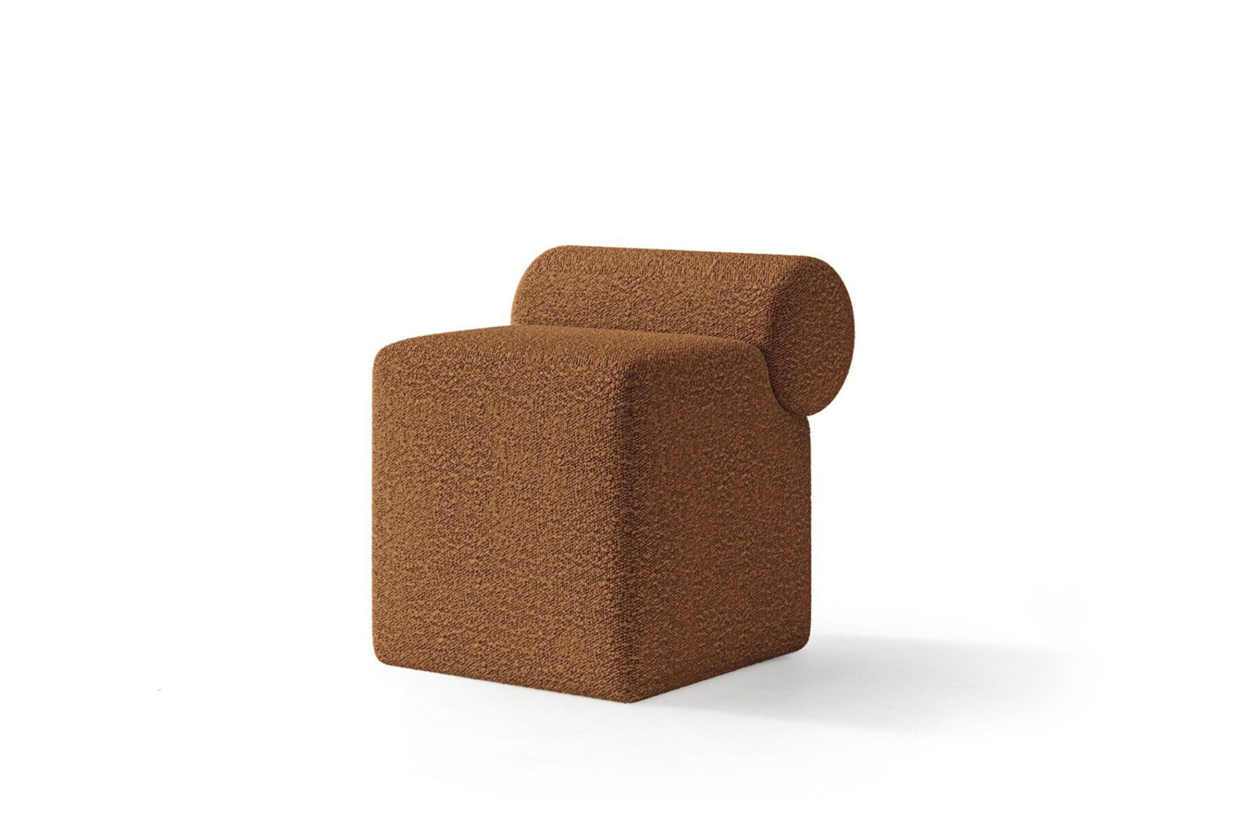 Contemporary burnt orange upholstered accent chair with a unique cylindrical backrest, stylish design perfect for modern living rooms and lounge areas.