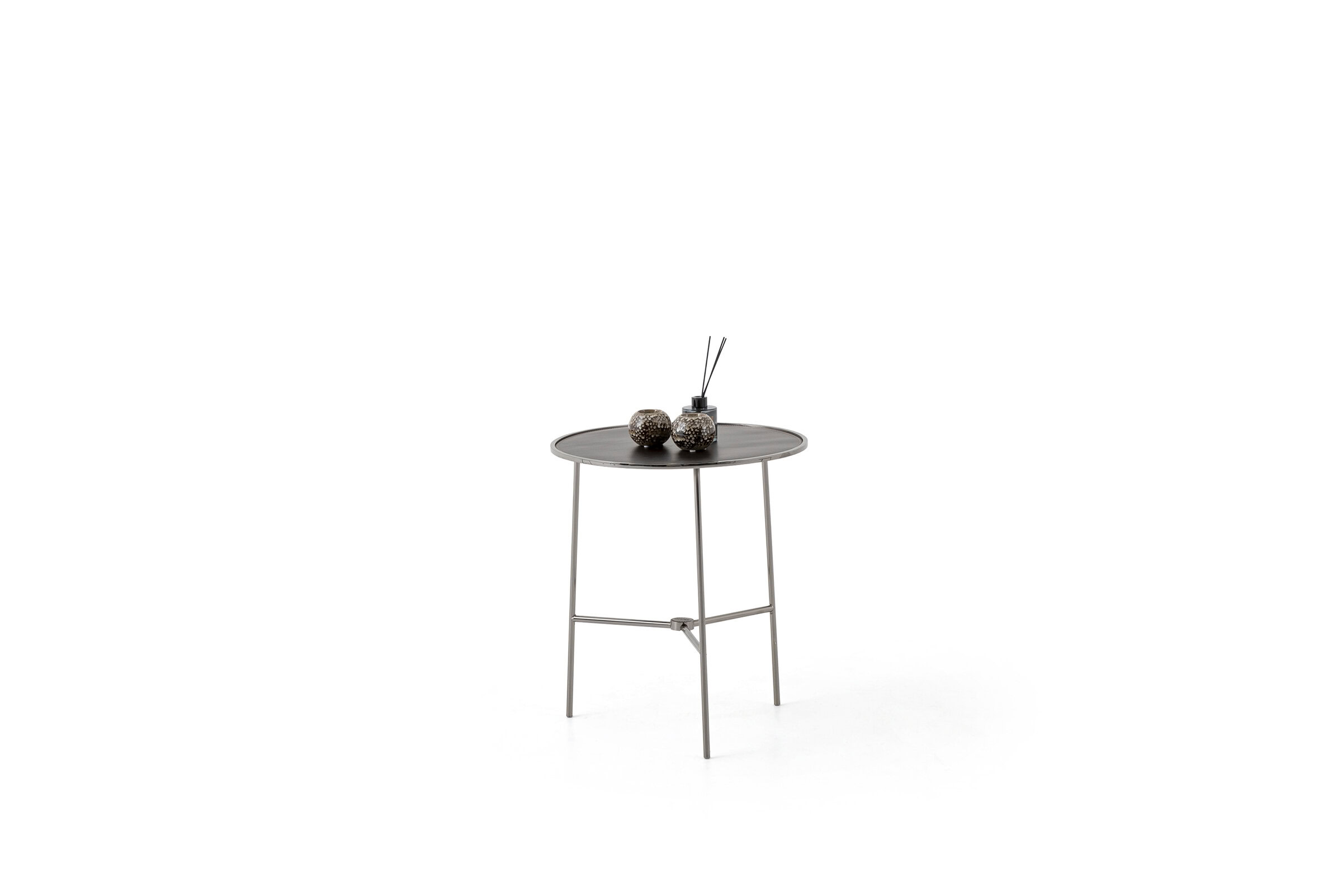 Elegant modern side table with a dark wooden top and metal legs, perfect for contemporary home decor from Saloni Furniture.