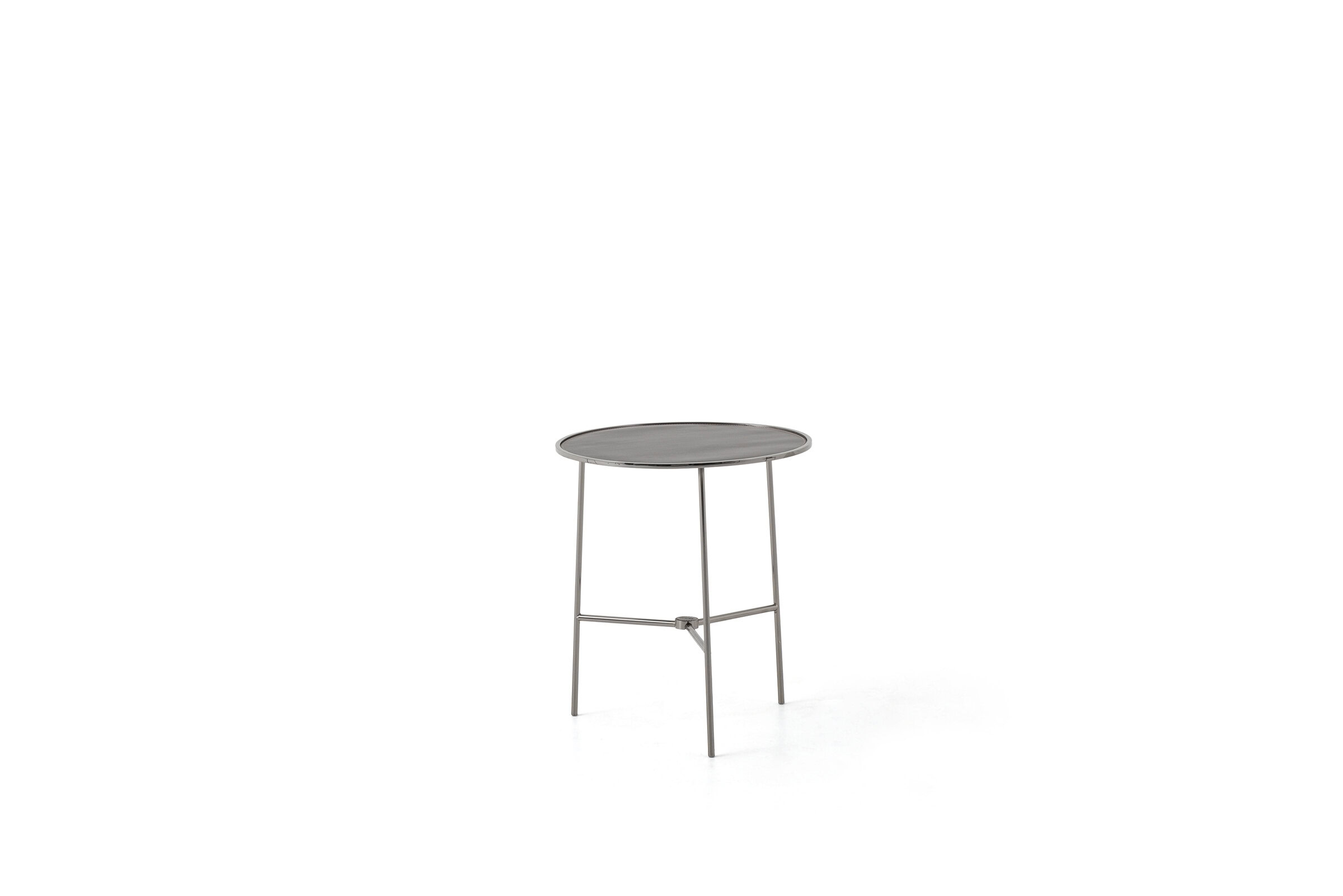 Contemporary grey side table with round top and minimalist metal legs, ideal for modern living room decor.