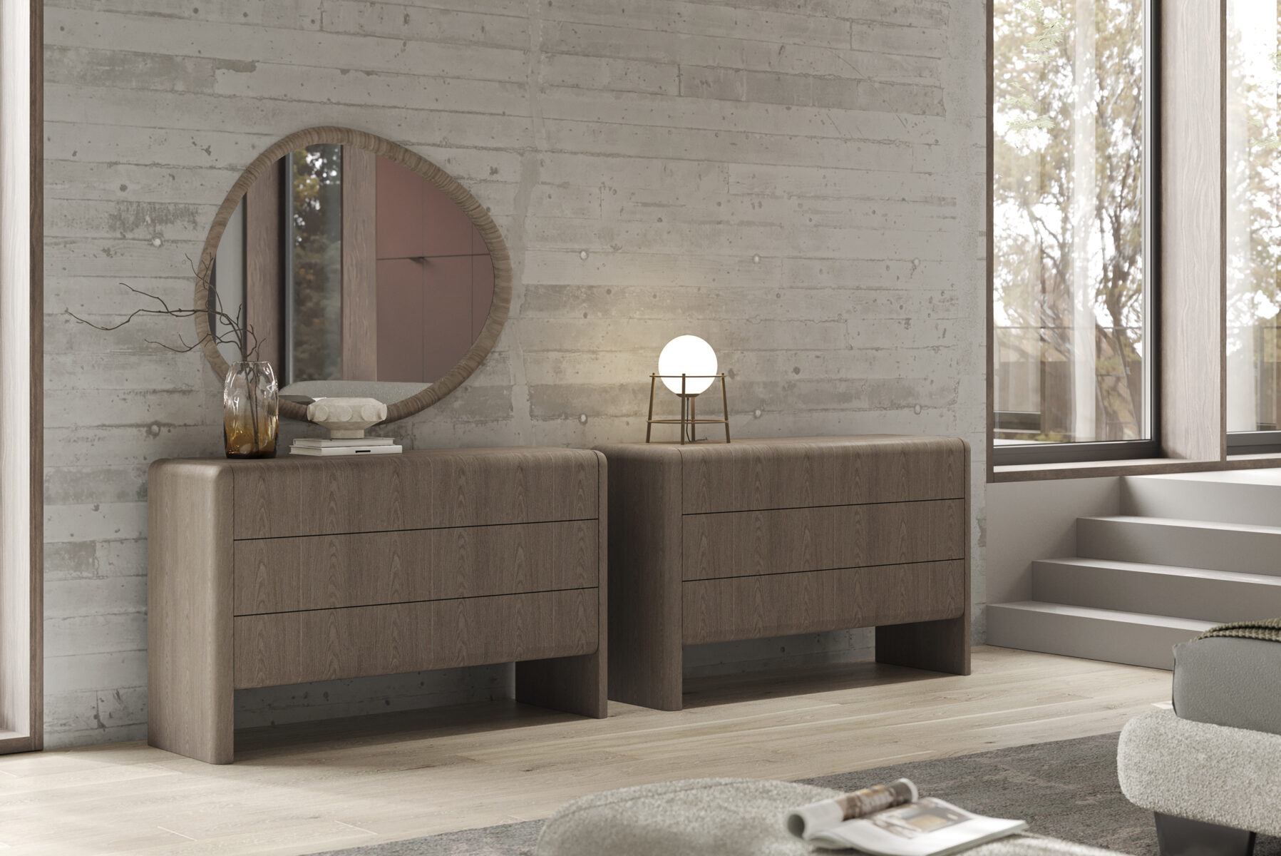 Contemporary wooden sideboards with sleek drawer design, modern decor, and elegant lighting create a stylish and functional living space. Perfect for minimalist homes seeking trendy furniture.