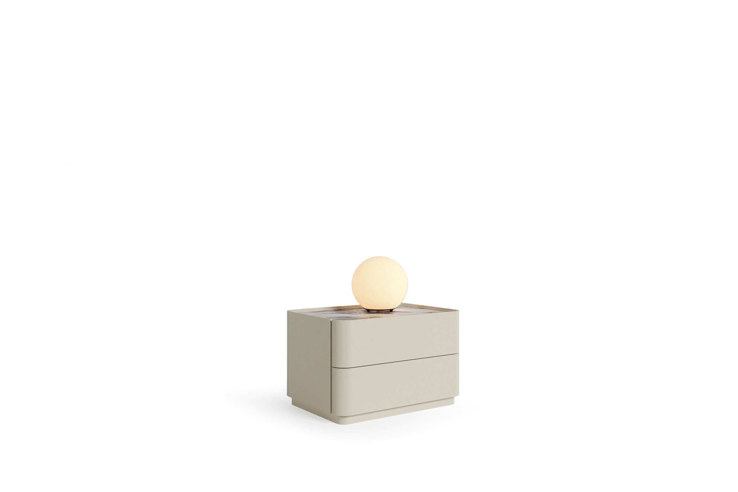 Elegant modern nightstand with drawers and spherical table lamp, perfect for contemporary bedrooms and interior design.