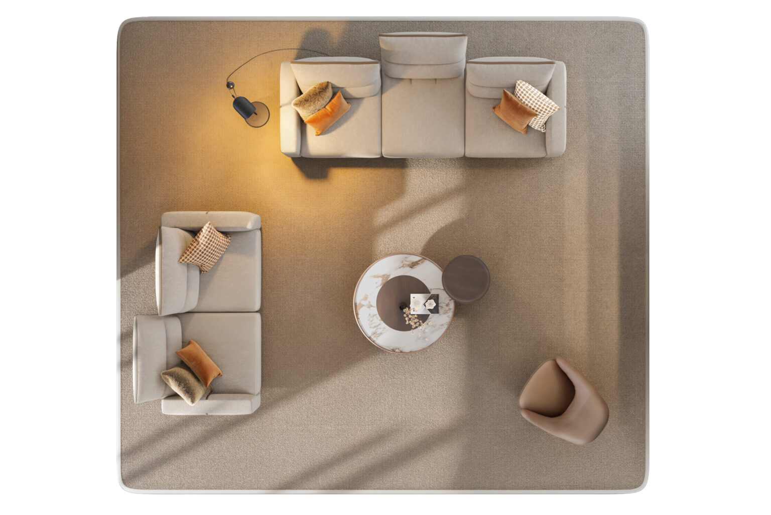 Elegant beige sectional sofa with decorative pillows, round marble coffee tables, and cozy armchair in a contemporary living room setting.