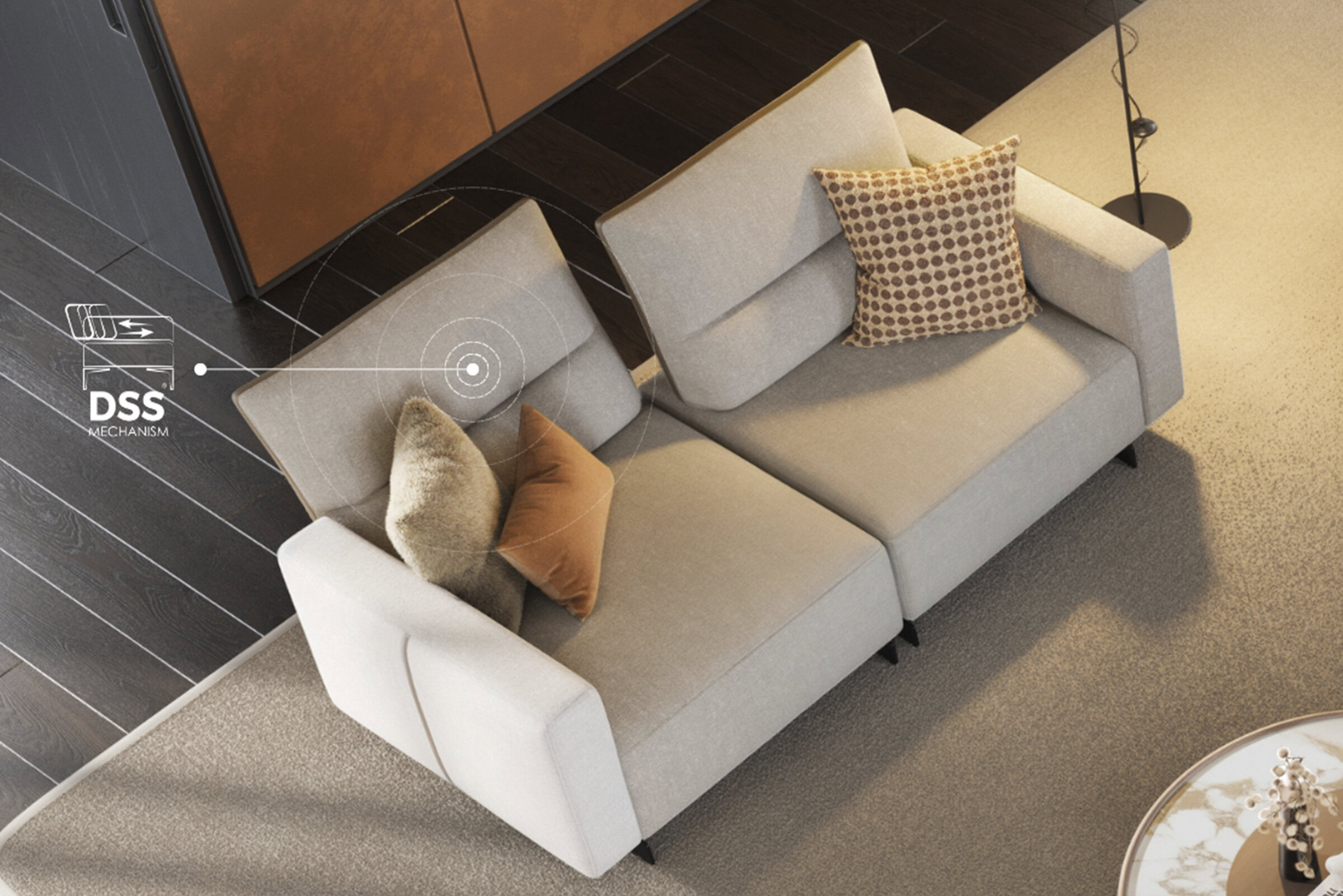 Elegant beige sofa with plush cushions, perfect for contemporary living spaces and home comfort.