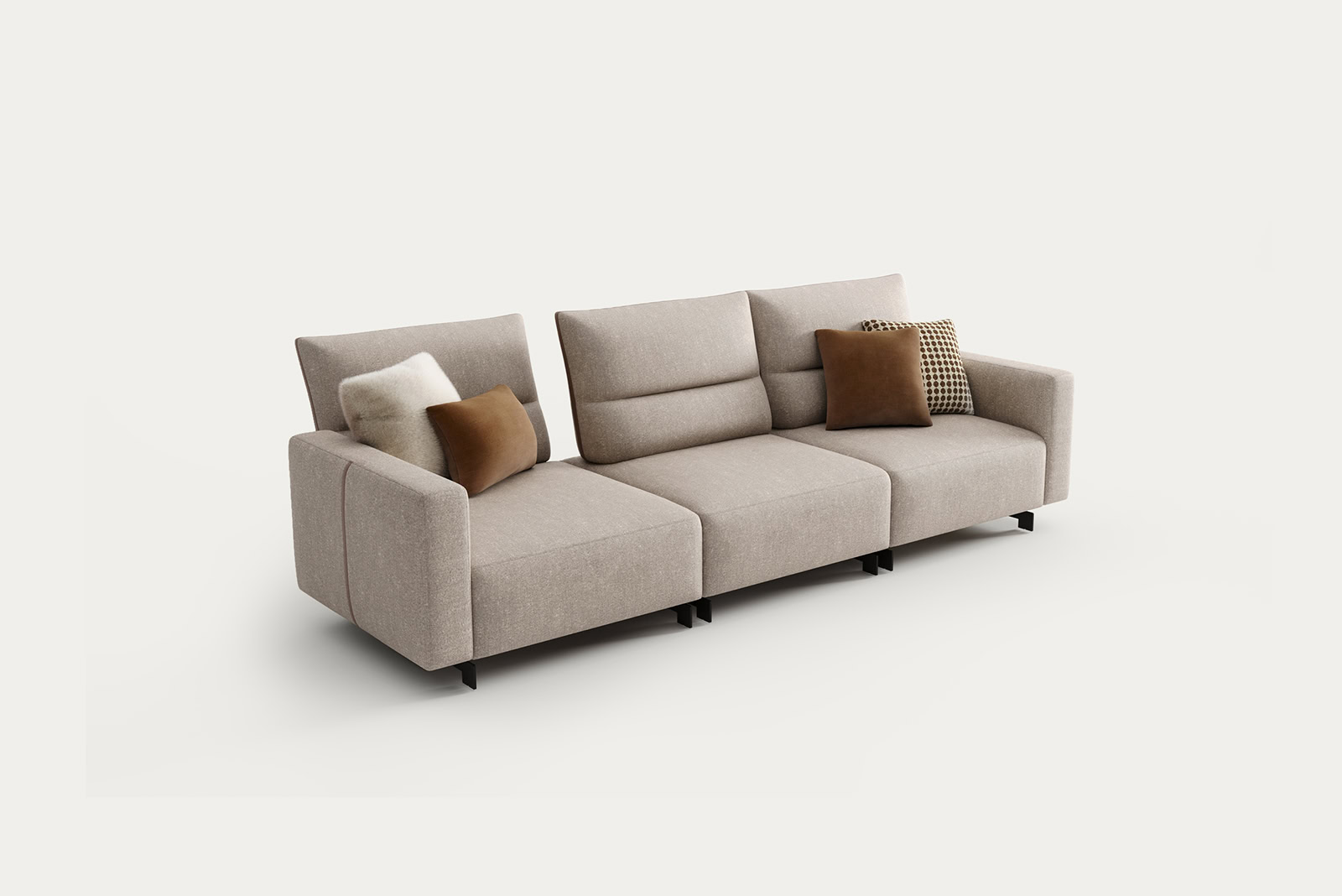 Elegant beige fabric sofa with three seats, complemented by decorative pillows, ideal for contemporary living room decor.