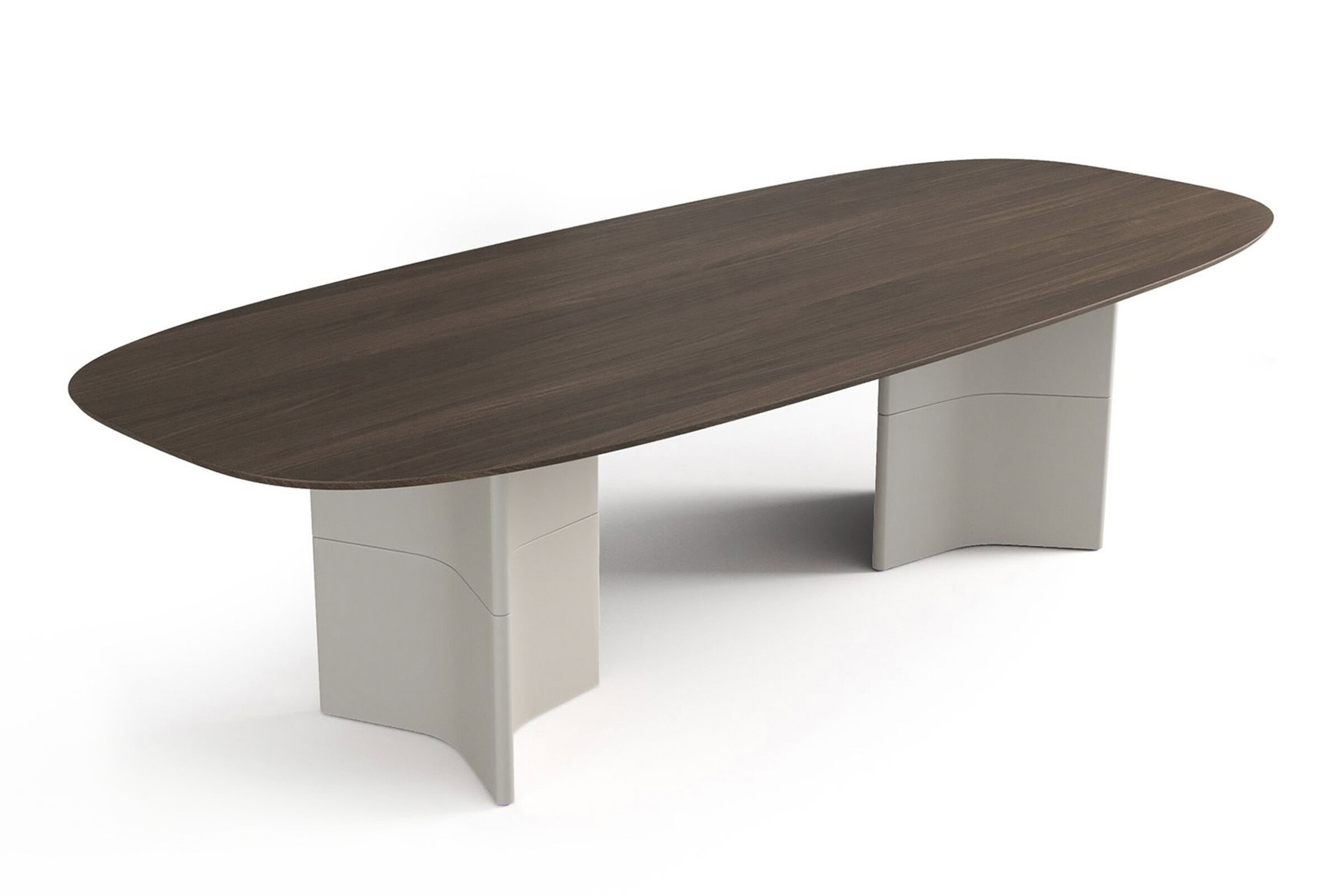 Sleek modern dining table with a walnut wood top and white sculptural legs, ideal for stylish contemporary interiors and perfect for family gatherings and dinner parties.