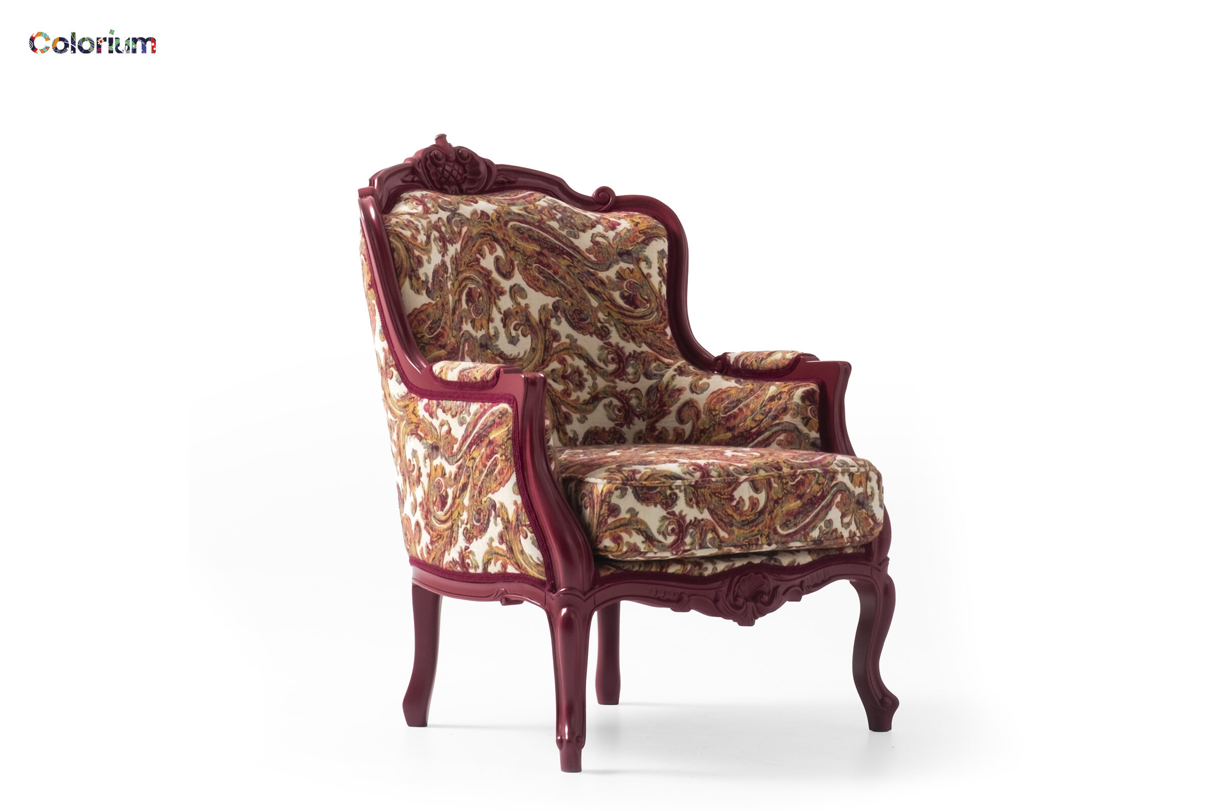 Luxurious vintage armchair with ornate wooden frame and floral upholstery, perfect for elegant living rooms and classic interior decor.