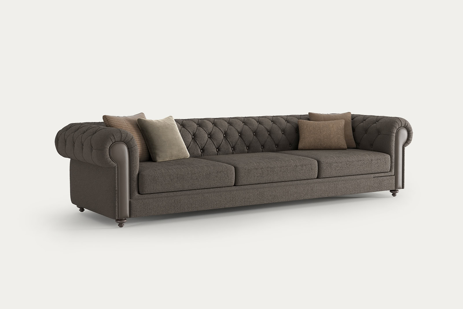 Luxurious dark brown Chesterfield sofa with tufted back and rolled arms, perfect for modern or classic living room decor.