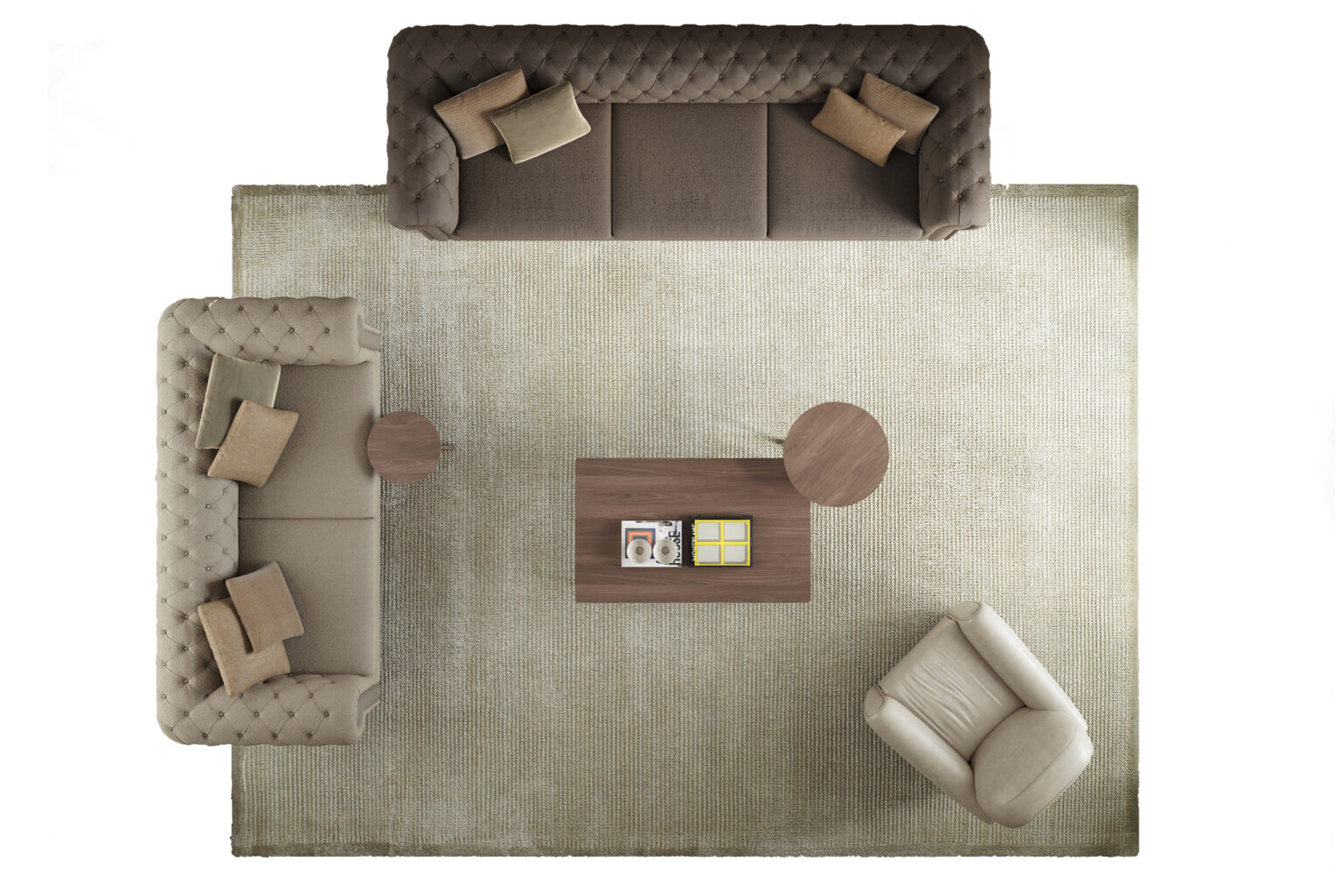Canapele elegante, bej și maro, cu perne pufoase, într-un living elegant, cu mobilier Saloni de înaltă calitate, pentru un decor interior modern.