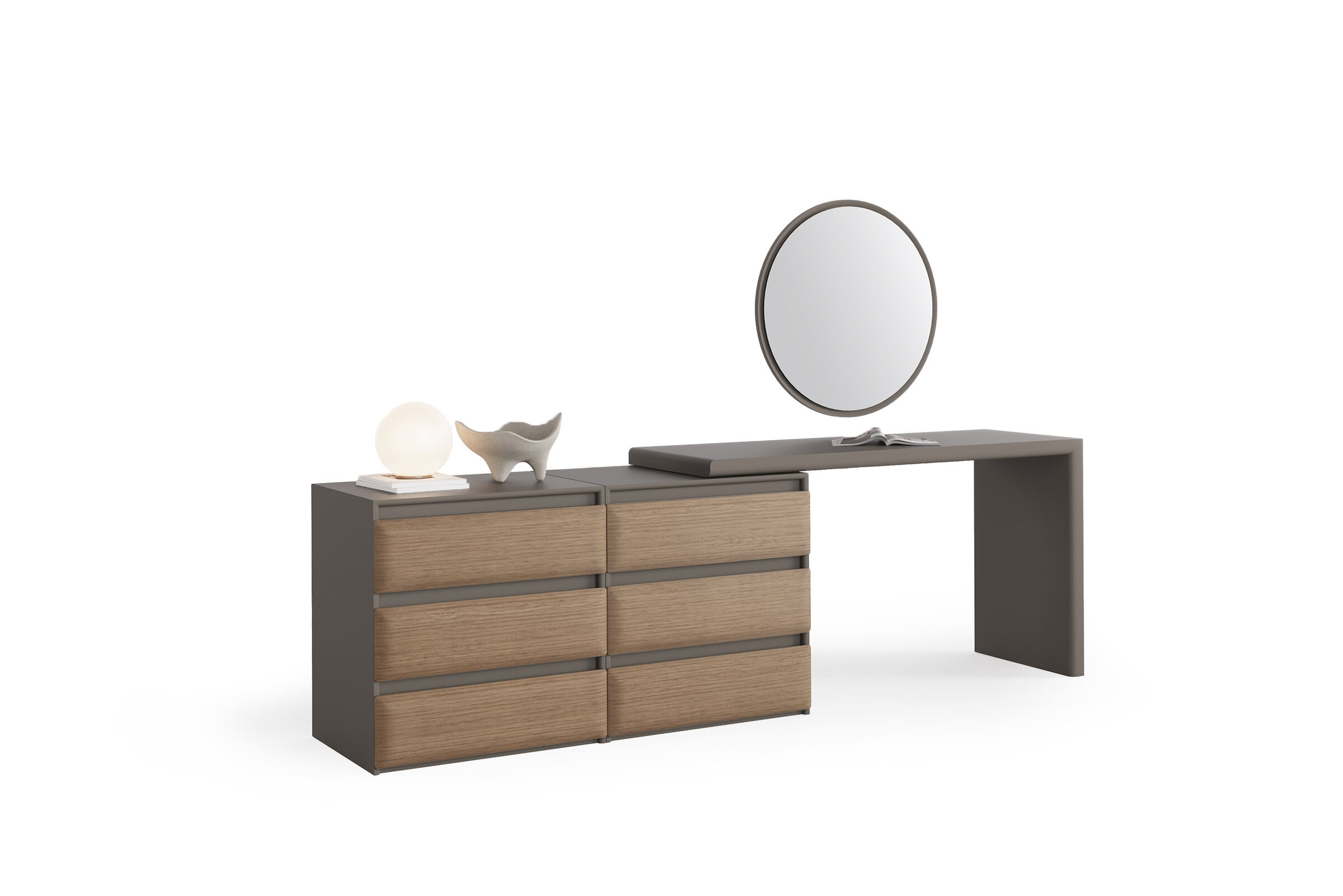 Elegant wooden dresser with six drawers and a round mirror, ideal for contemporary bedroom storage and decor. Crafted with high-quality wood, combining functionality and style.