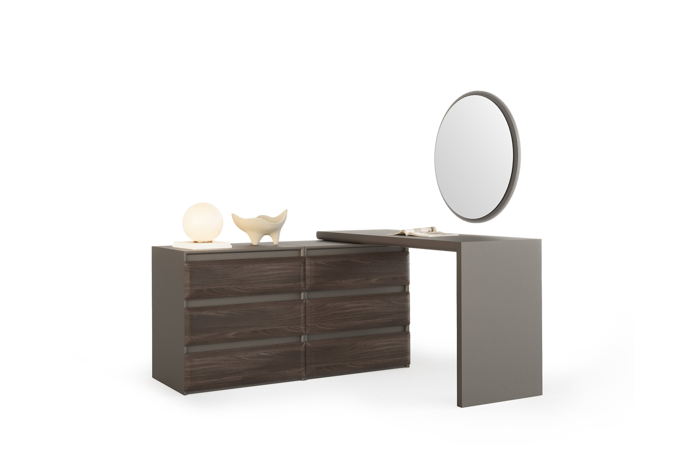 Elegant bedroom dresser with walnut finish and sleek grey side table, featuring a round mirror for a contemporary look. Perfect for stylish storage and decor.