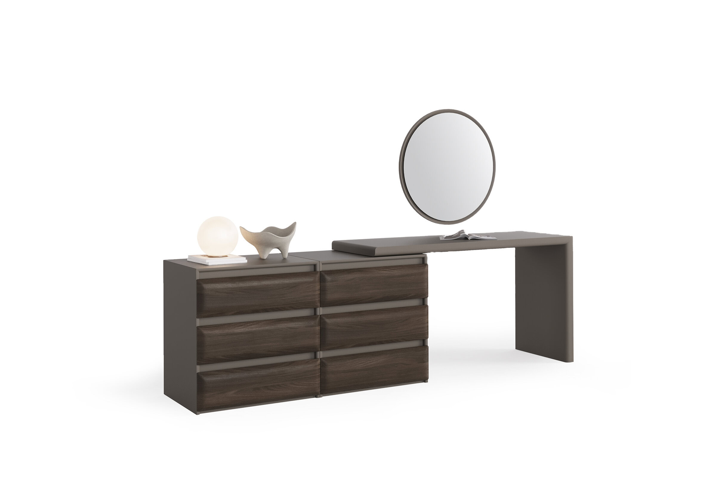 Modern walnut wood dresser with six drawers, a round mirror, and decorative items, ideal for contemporary bedroom storage and style.