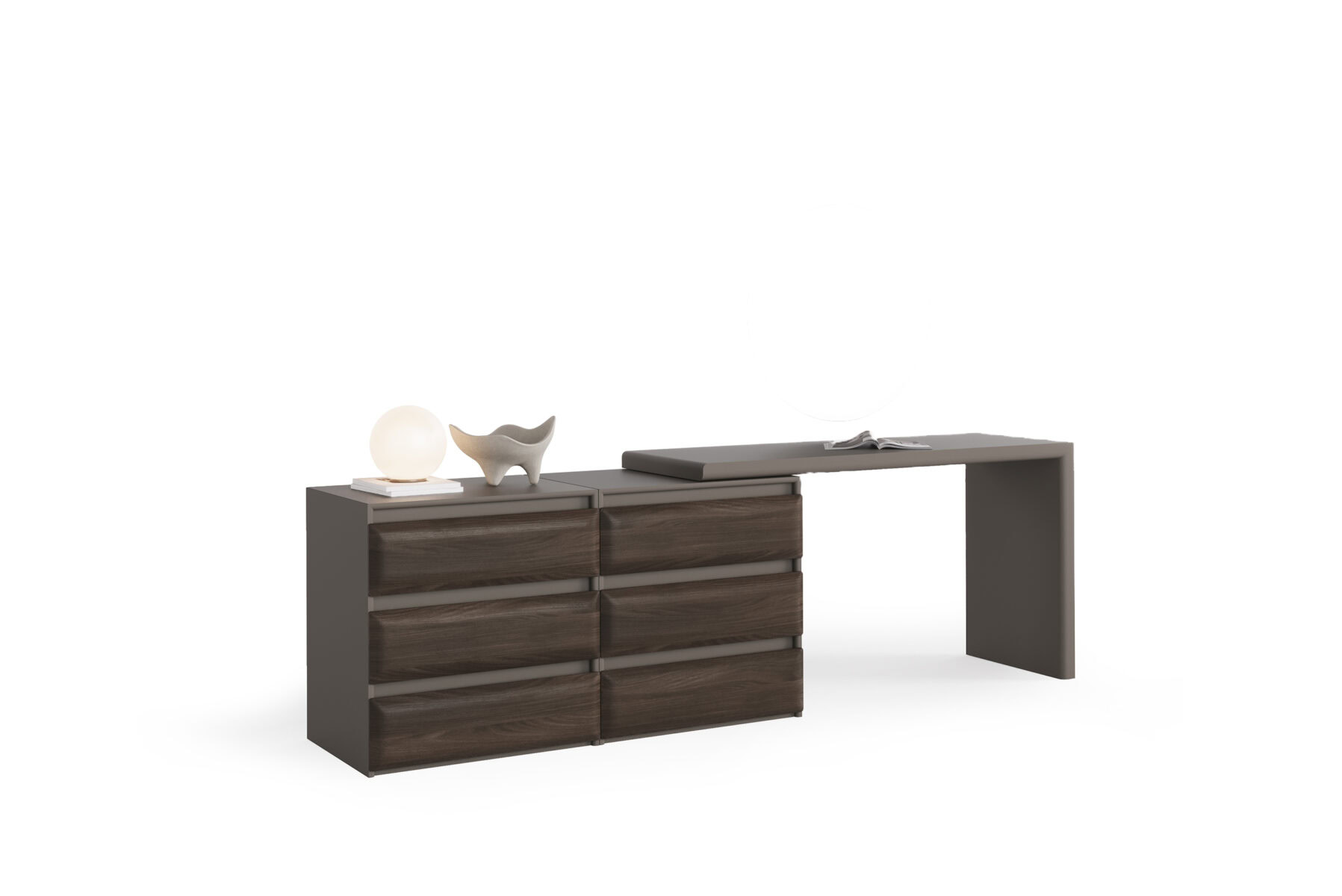Elegant modern wooden sideboard with six drawers and a sleek desk extension, perfect for contemporary home or office storage solutions.