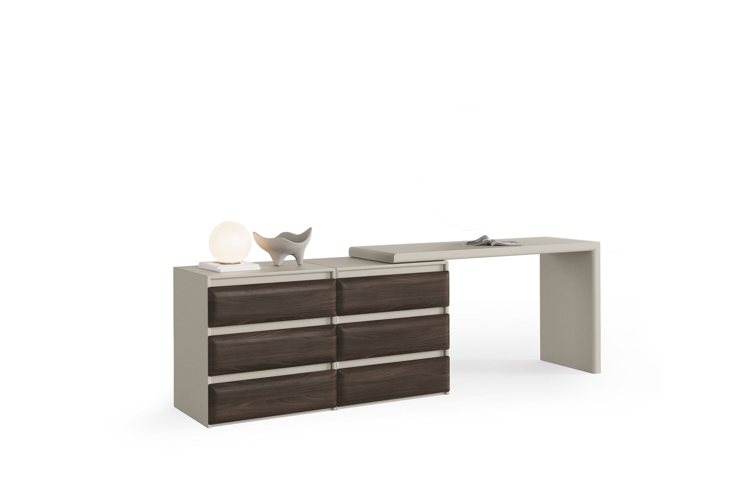 Modern wooden dresser with integrated desk, ideal for contemporary home office or bedroom storage solutions. Features sleek design, ample storage, and functional workspace.