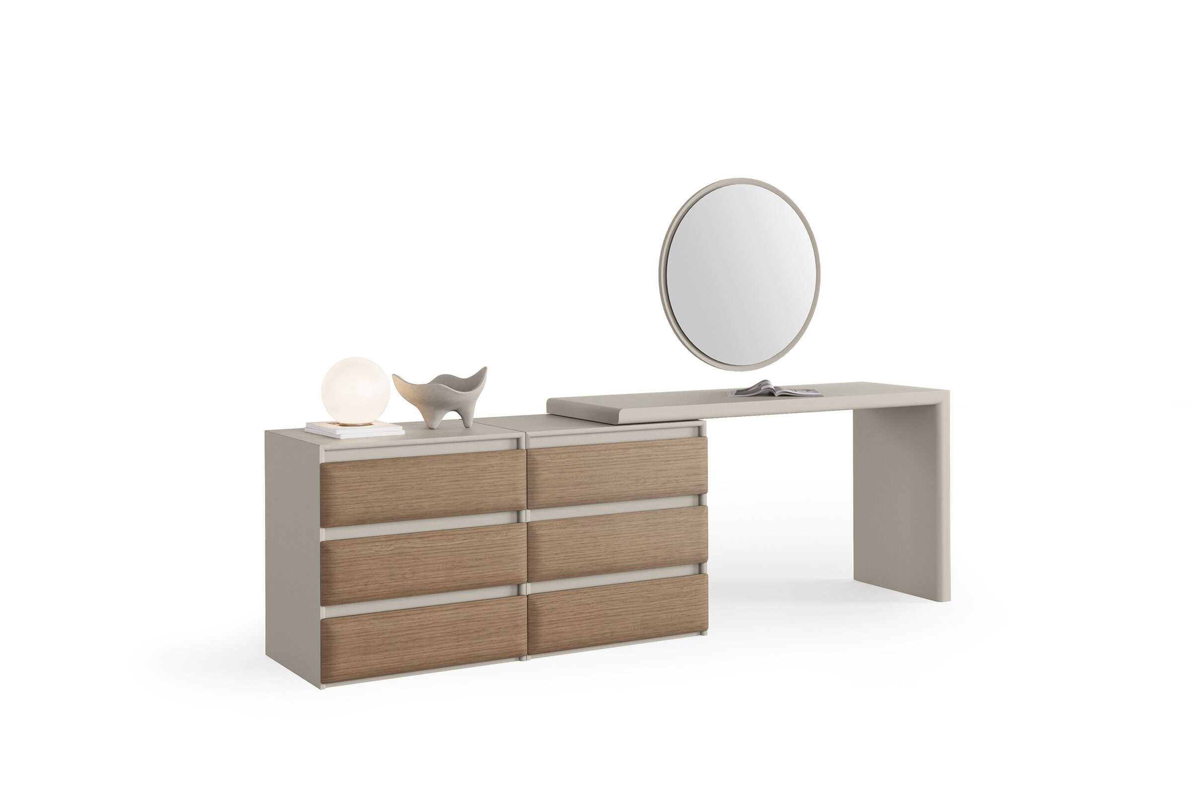 Elegant wooden dresser with six drawers, a round mirror, and a decorative lamp, perfect for contemporary bedroom decor.