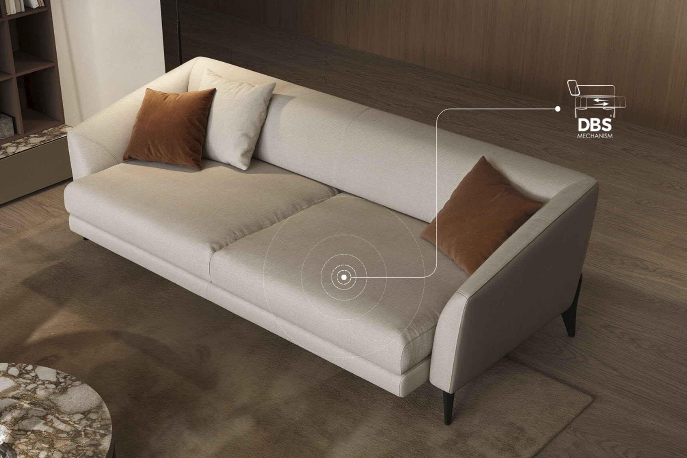 Comfortable beige fabric sofa with dark wooden legs, featuring dual reclining mechanism and plush cushions, ideal for modern living room furniture.