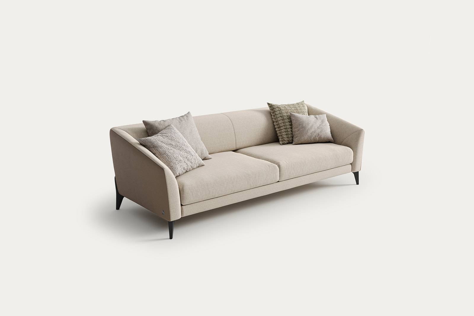 Stylish beige sofa with four decorative cushions, perfect for contemporary living room decor.