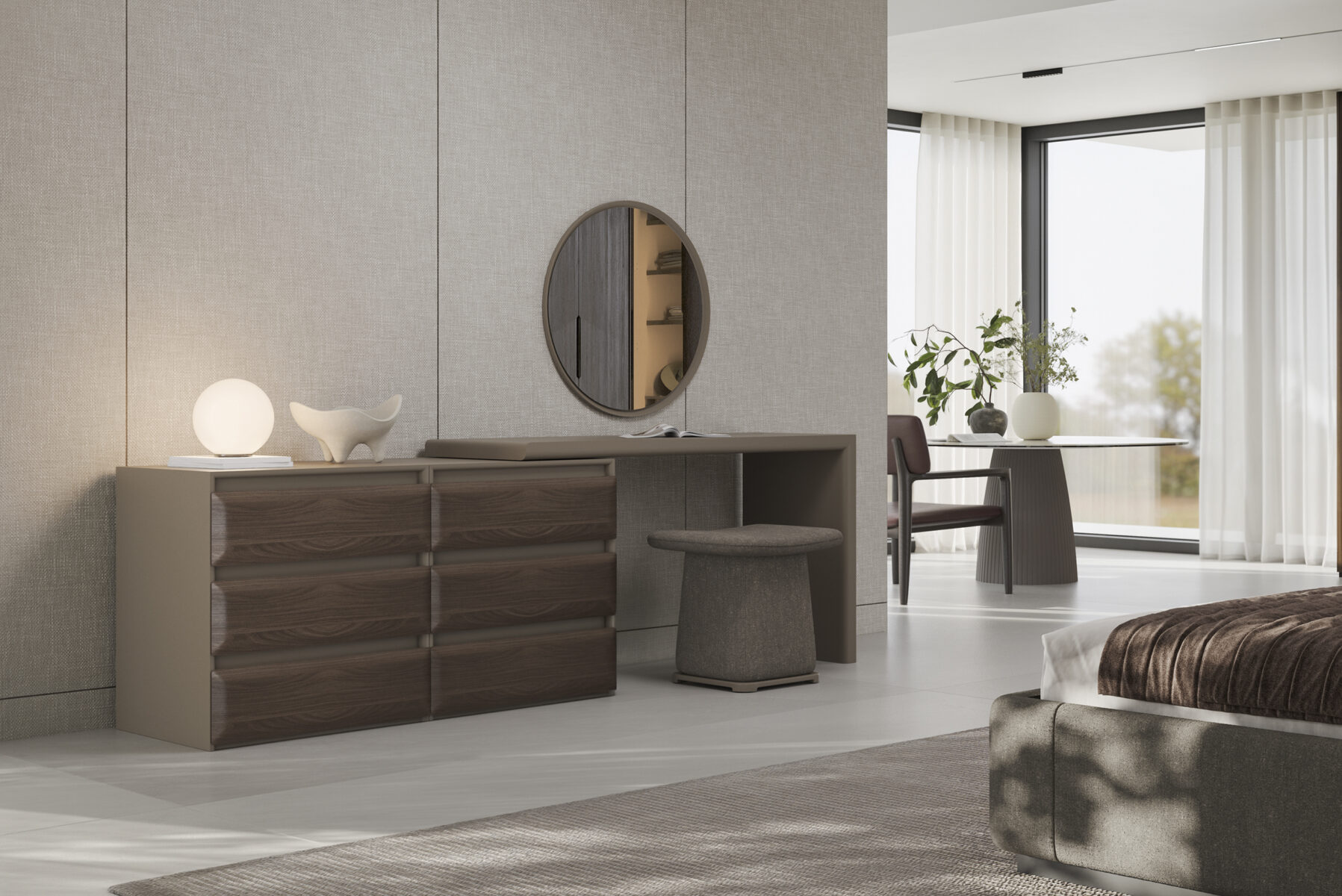 Elegant walnut dresser with a round mirror and matching stool, ideal for contemporary bedroom decor. Crafted from high-quality wood, offering both style and functionality.