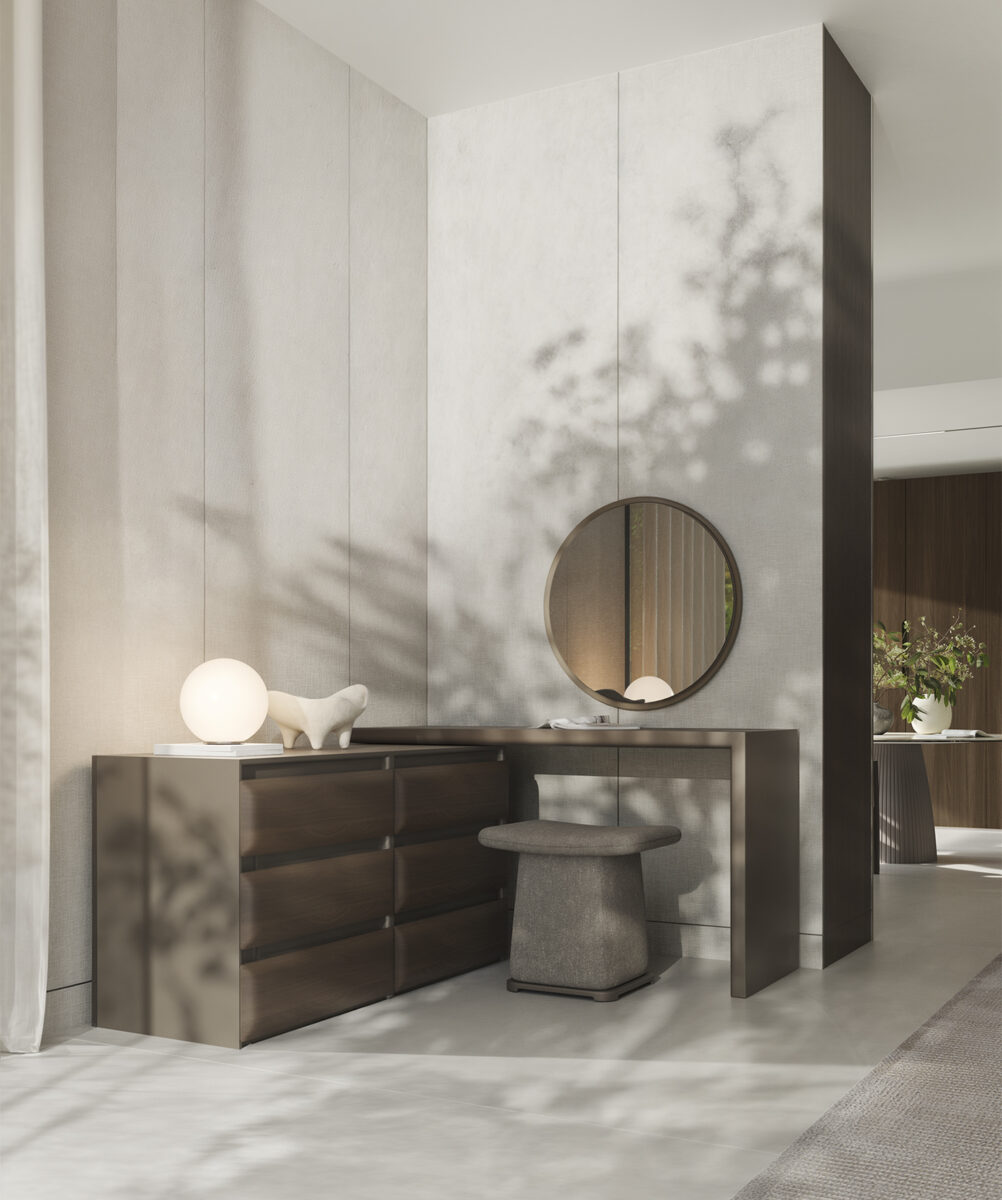 Elegant dark wood console table with a round mirror and matching stool, perfect for contemporary home decor.