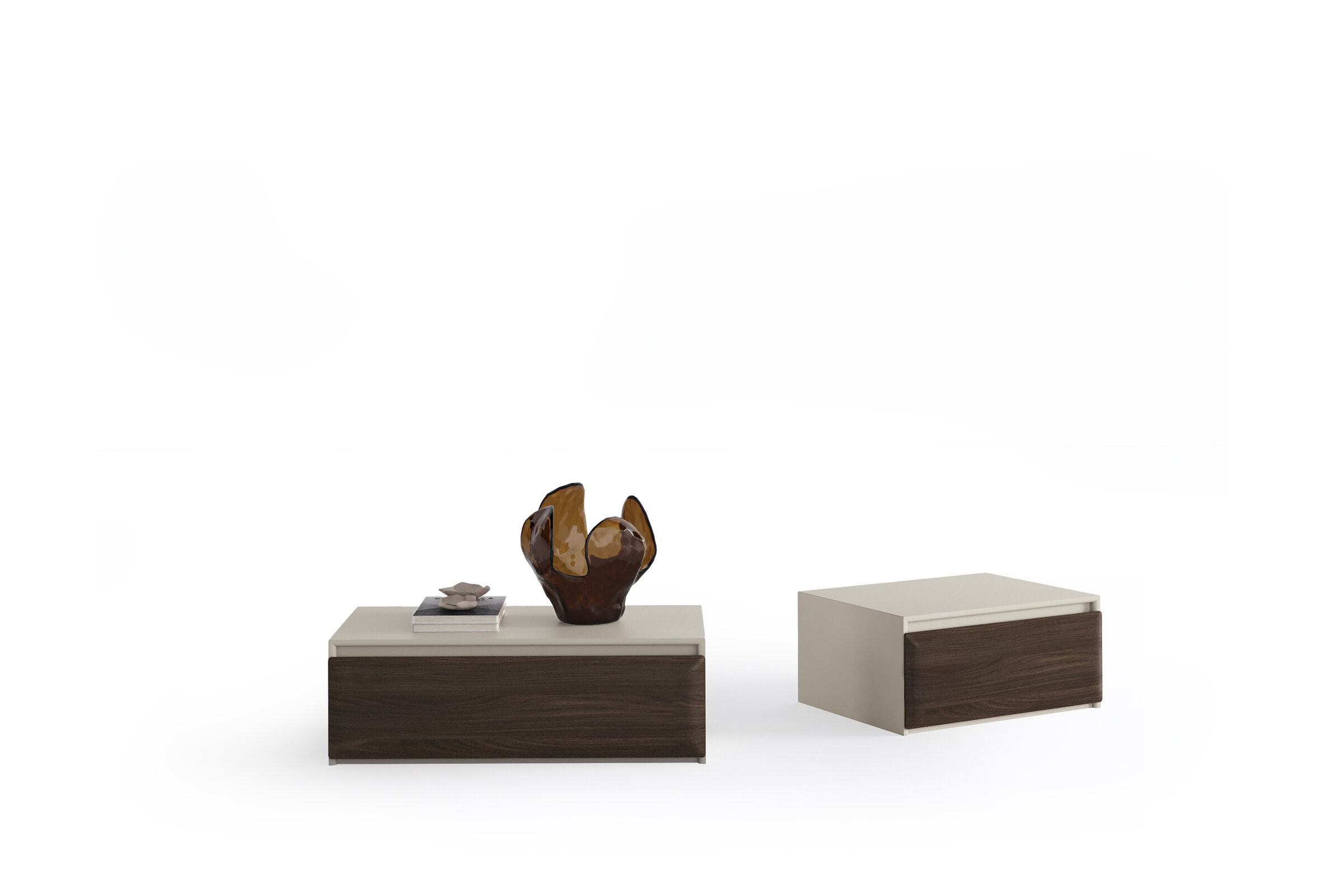 Elegant wooden coffee tables set featuring a sleek design with a combination of light and dark wood finishes, perfect for contemporary living room decor.