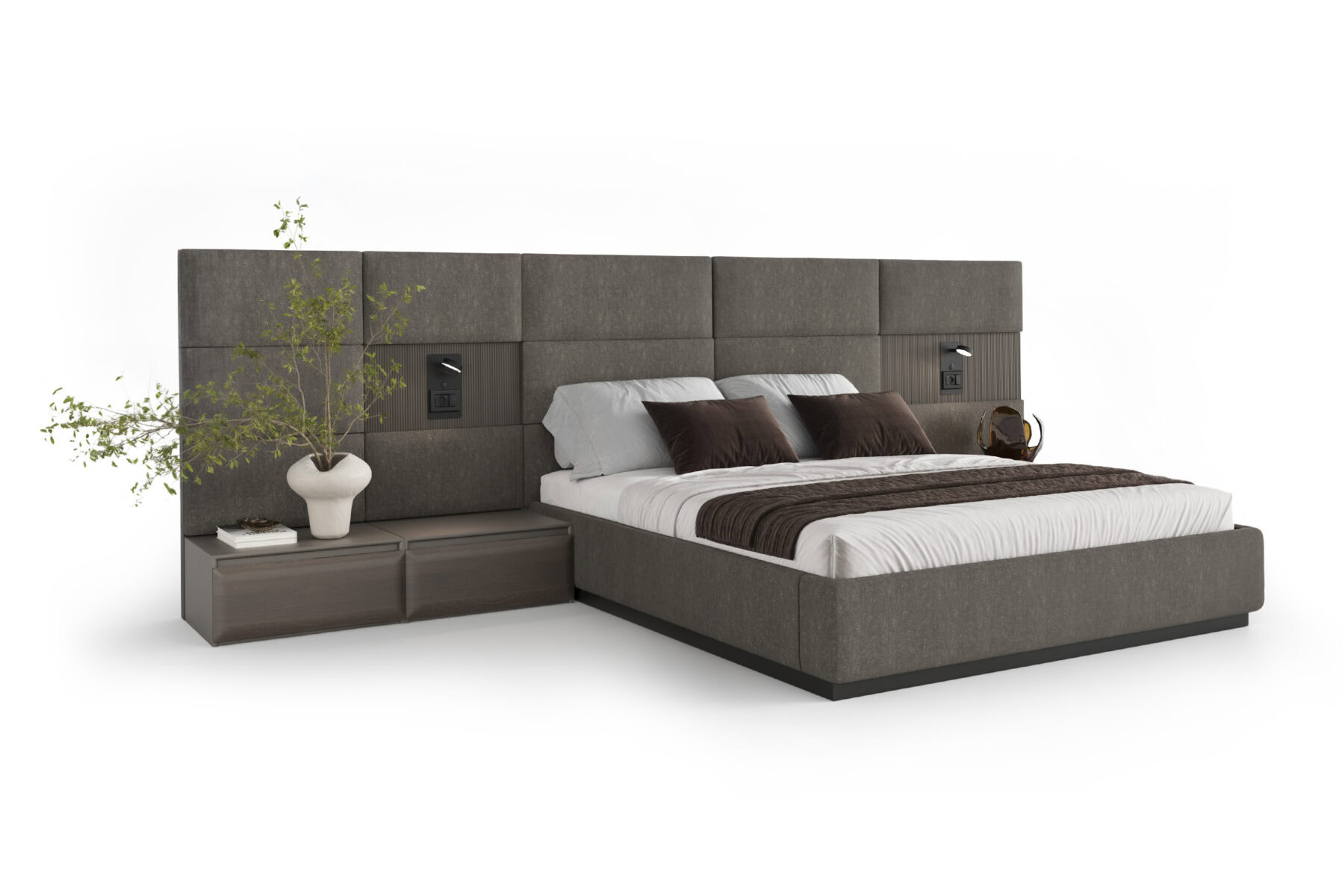 Elegant upholstered bed with a padded headboard, complemented by a matching side table, perfect for contemporary bedroom interiors.
