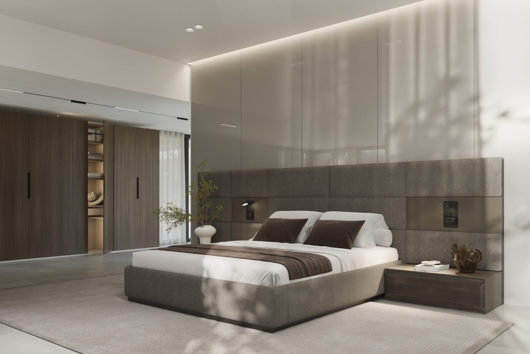 Elegant gray upholstered bed with matching nightstand in a contemporary bedroom setting.