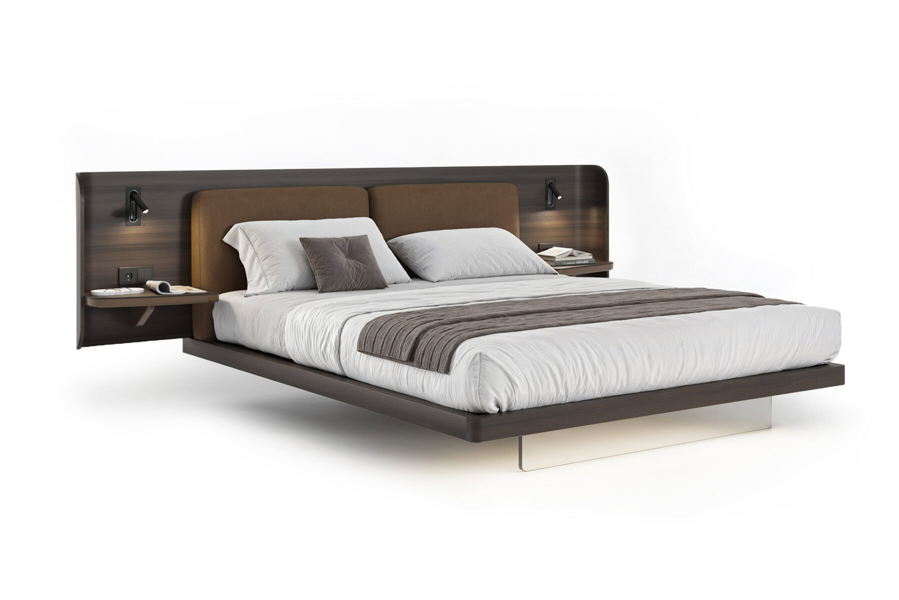 Contemporary wooden bed featuring a sleek headboard, integrated nightstands, and minimalist design, perfect for stylish bedrooms.