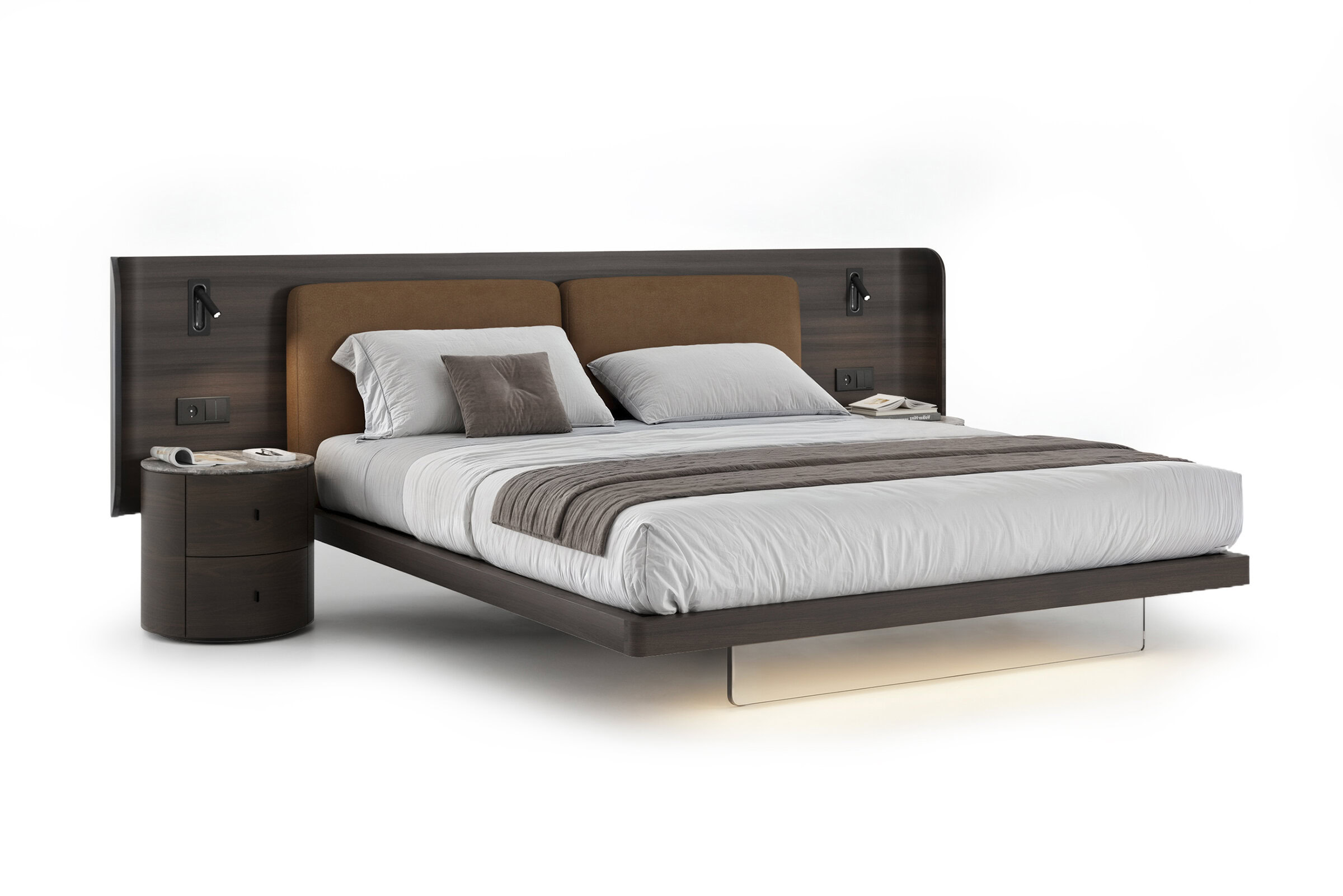 Elegant wooden bed with a contemporary headboard design, complemented by a matching round nightstand for a stylish bedroom setup. Perfect for modern home interiors.