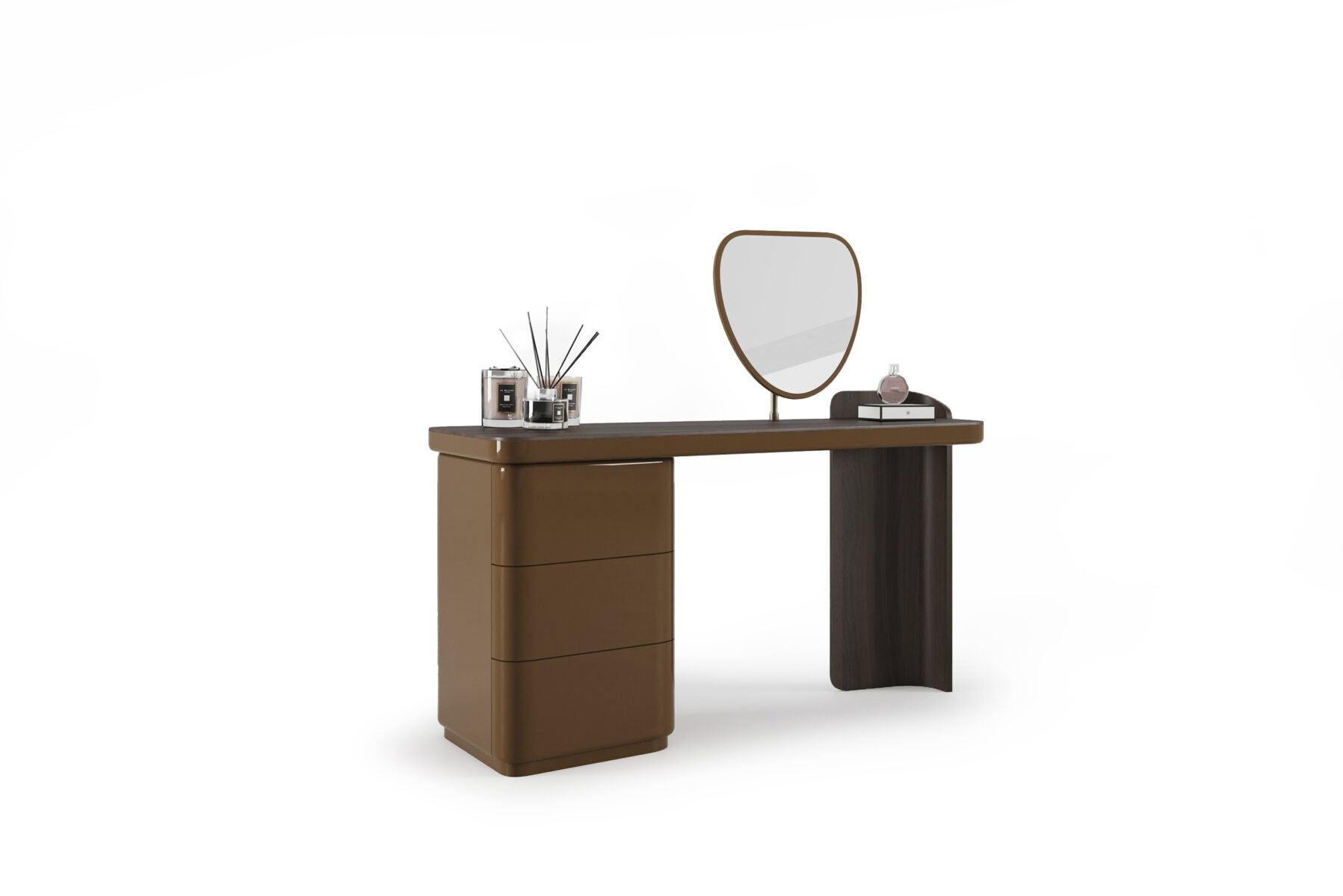 Elegant wooden vanity desk with a large mirror, featuring a combination of light and dark wood finishes, ideal for bedroom or dressing room decor.