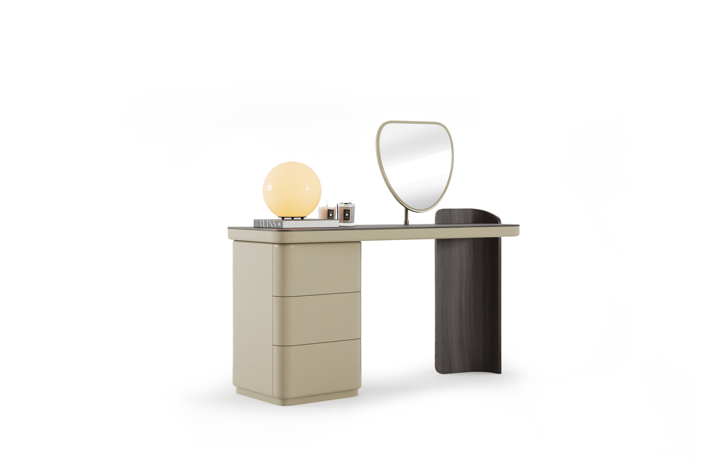 Stylish modern vanity table with a large mirror, beige drawers, and a dark wood side panel, perfect for bedroom decor and makeup routines.