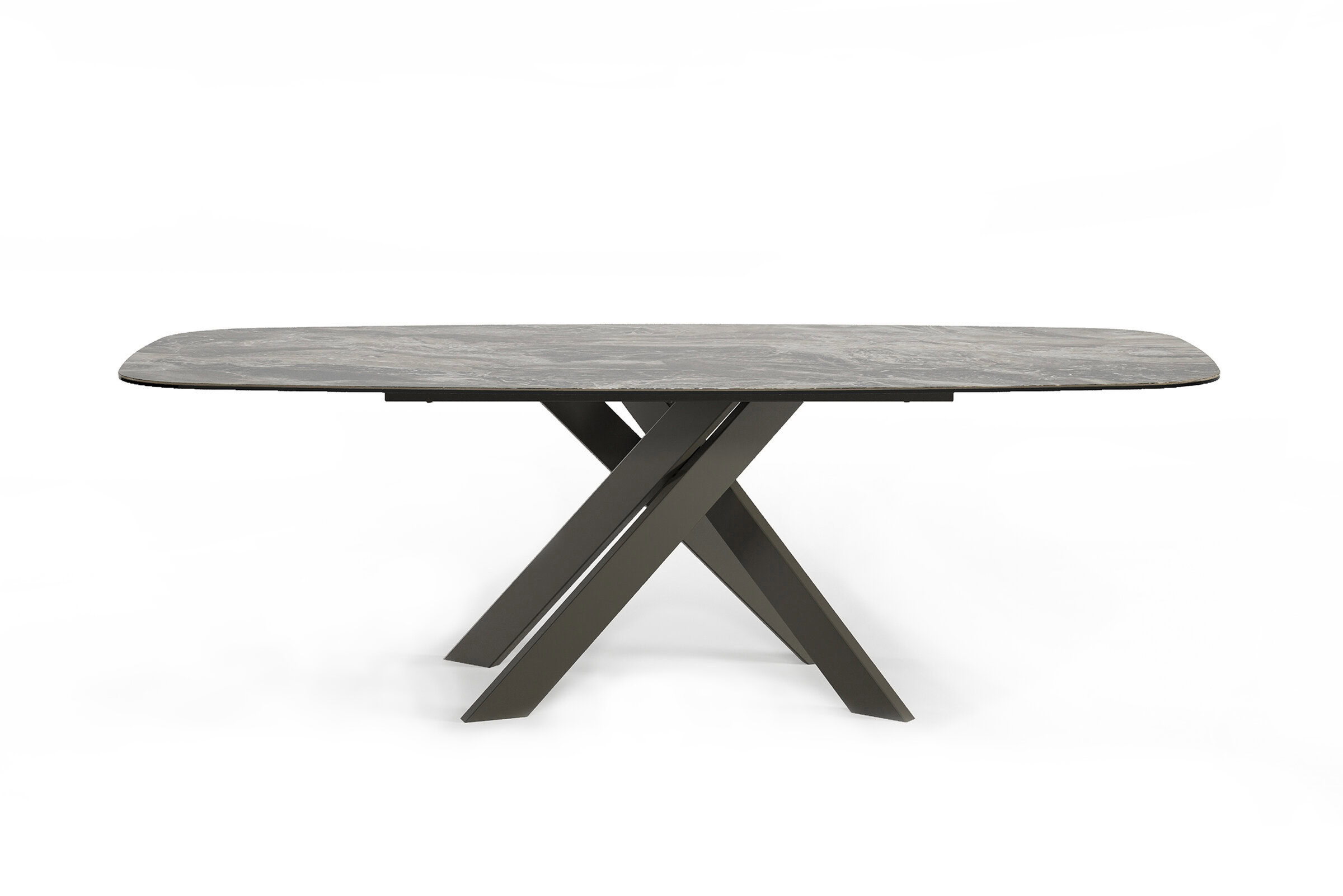 Sleek modern dining table with a marble top and black metal X-base, perfect for contemporary homes and stylish dining spaces.