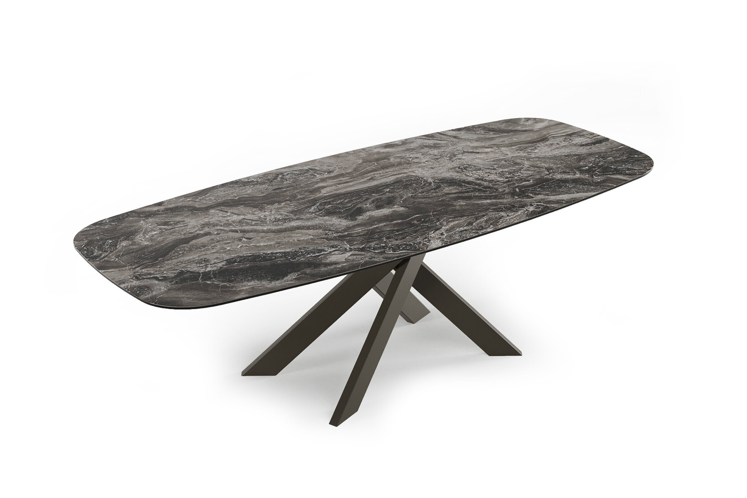Polished marble dining table with modern dark brown wooden legs, perfect for contemporary homes and elegant dining spaces.