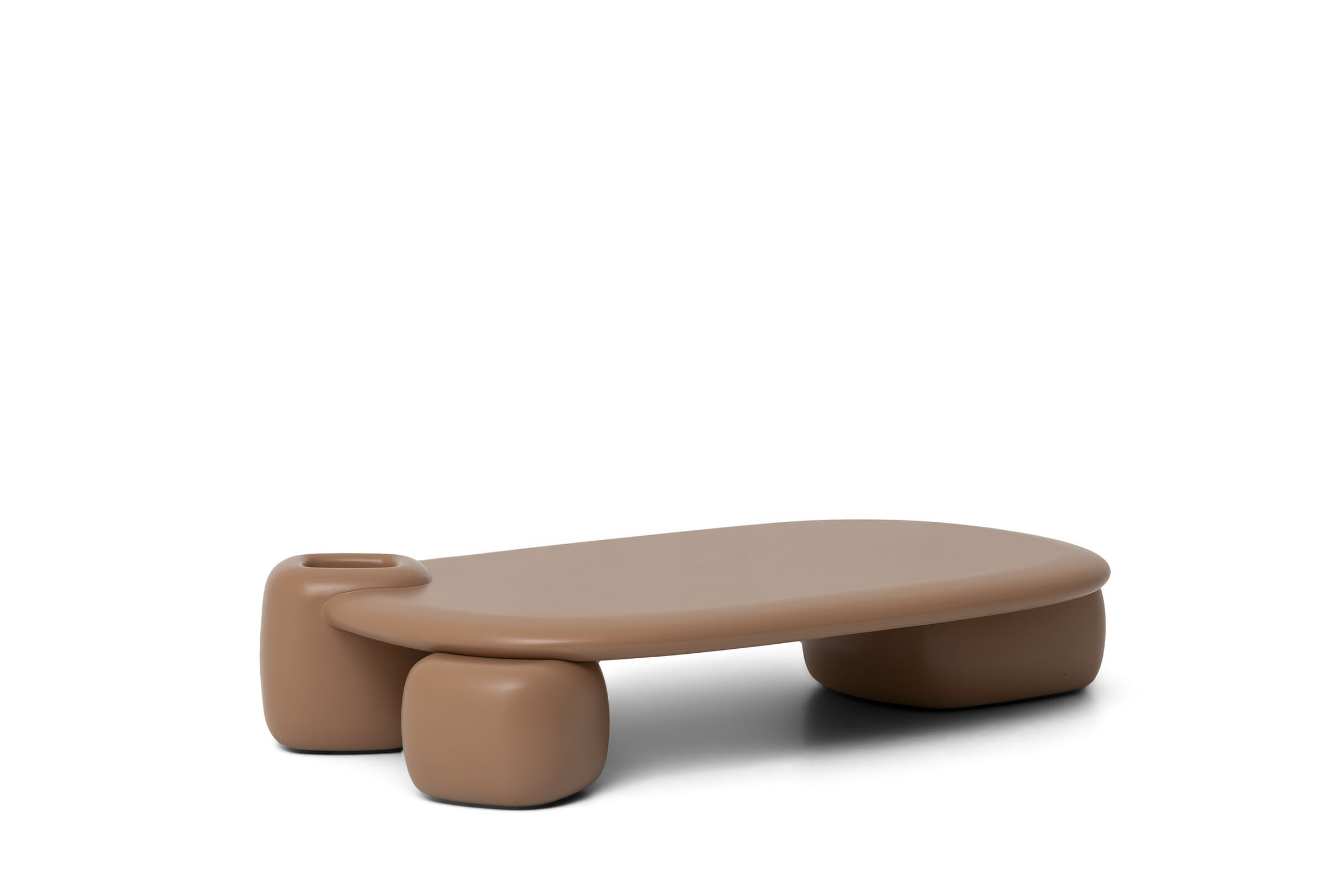 Contemporary beige coffee table with rounded edges and unique sculptural legs, perfect for modern living rooms.