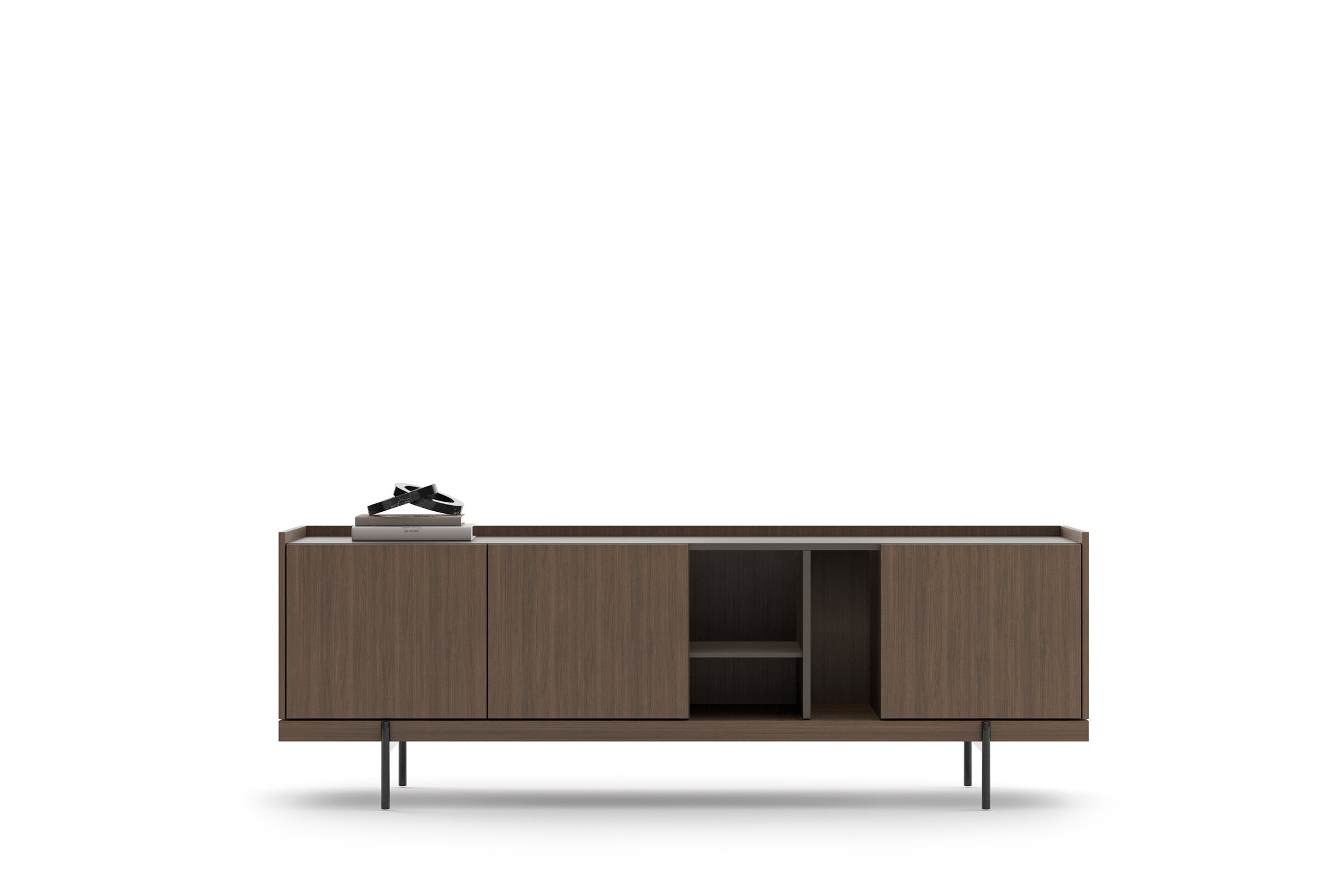 Sleek wooden modern sideboard with closed cabinets and open shelving, ideal for stylish storage and home decor in living rooms or offices.