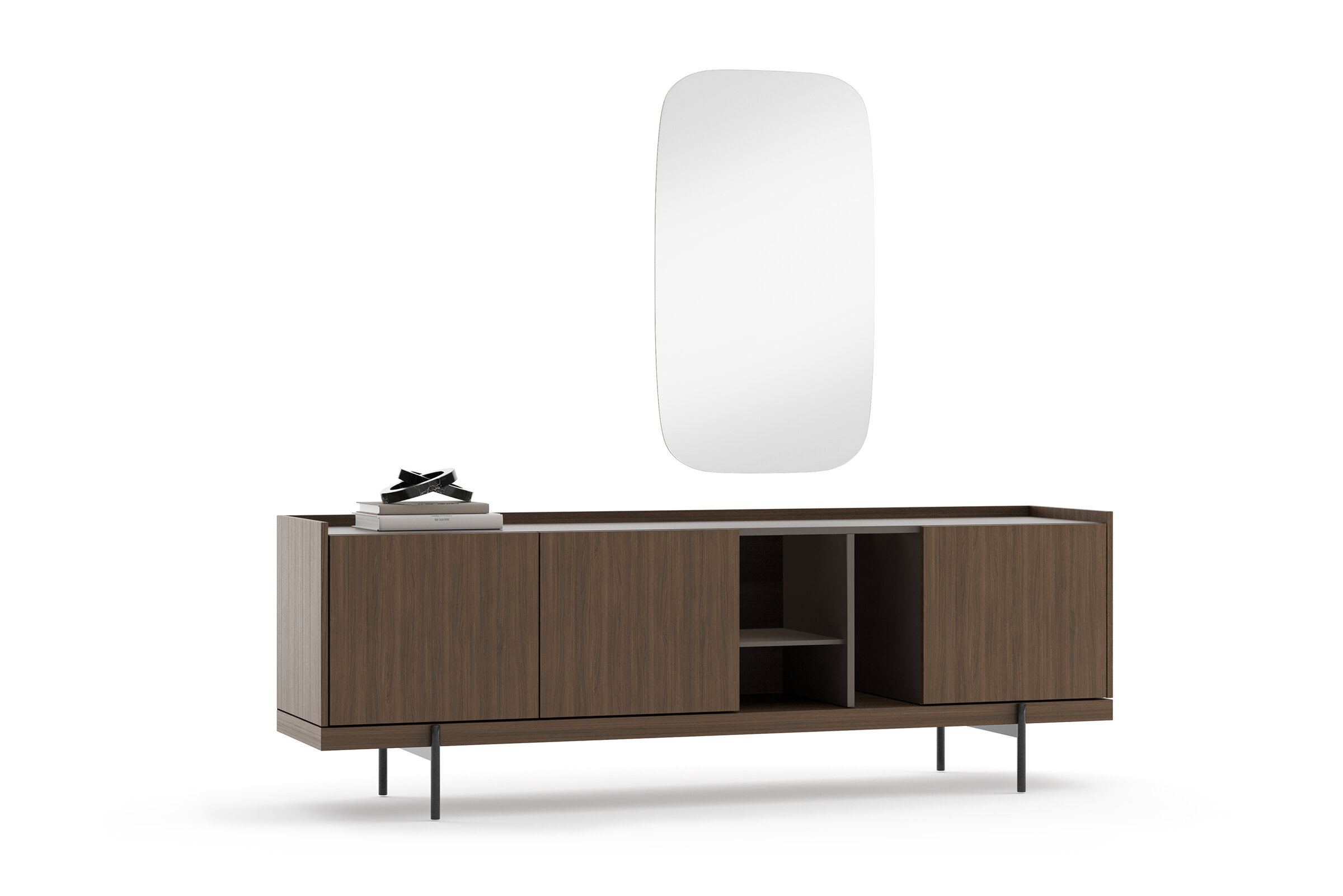 Contemporary wooden sideboard with storage cabinets and open shelves, ideal for modern living rooms and entryways.